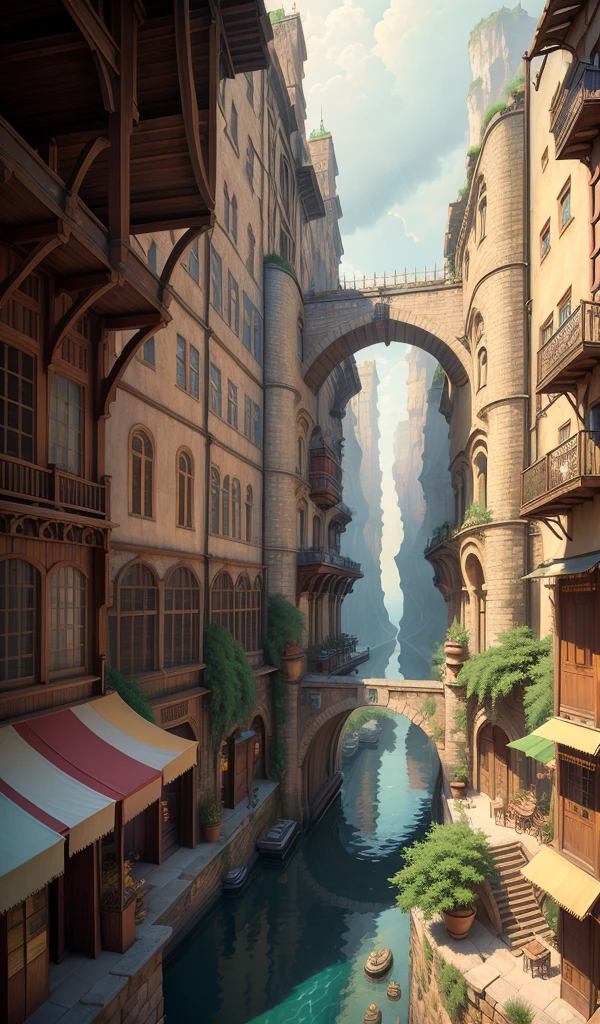 ((masterpiece)),((best quality)),((high detial)),((realistic,))
Industrial age city, deep canyons in the middle, architectural streets, bazaars, Bridges, rainy days, steampunk, European architecture, cinmatic view