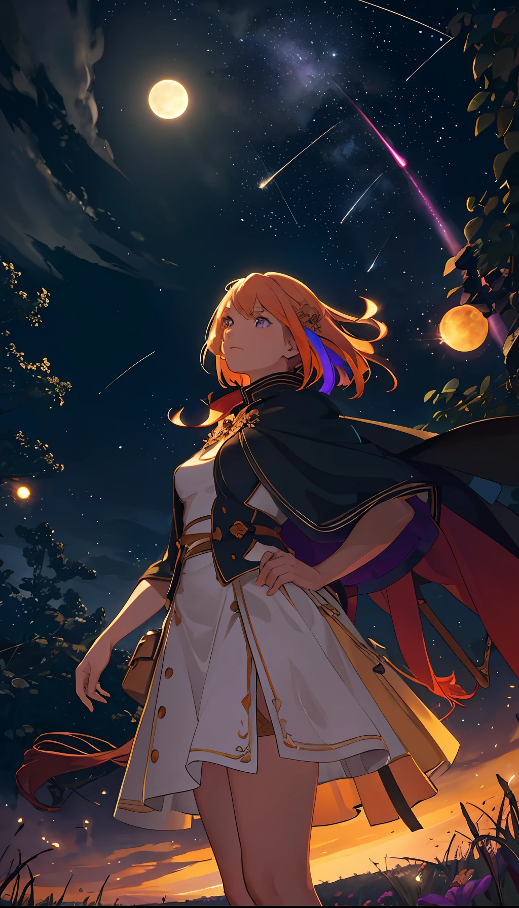 Vast landscape photo, (viewed from below, the sky is above and the open field is below), a girl standing on a flower field looking up, (full moon: 1.2), (meteor: 0.9), (nebula: 1.3), distant mountains , Trees BREAK Crafting Art, (Warm Light: 1.2), (Fireflies: 1.2), Lights, Lots of Purple and Orange, Intricate Details, Volumetric Lighting, Realism BREAK (Masterpiece: 1.2), (Best Quality), 4k, Ultra-Detailed, (Dynamic Composition: 1.4), Very Detailed, Colorful Details, (Rainbow Colors: 1.2), (Glow Lighting, Atmospheric Lighting), Dreamy, Magical, (Solo: 1.2)