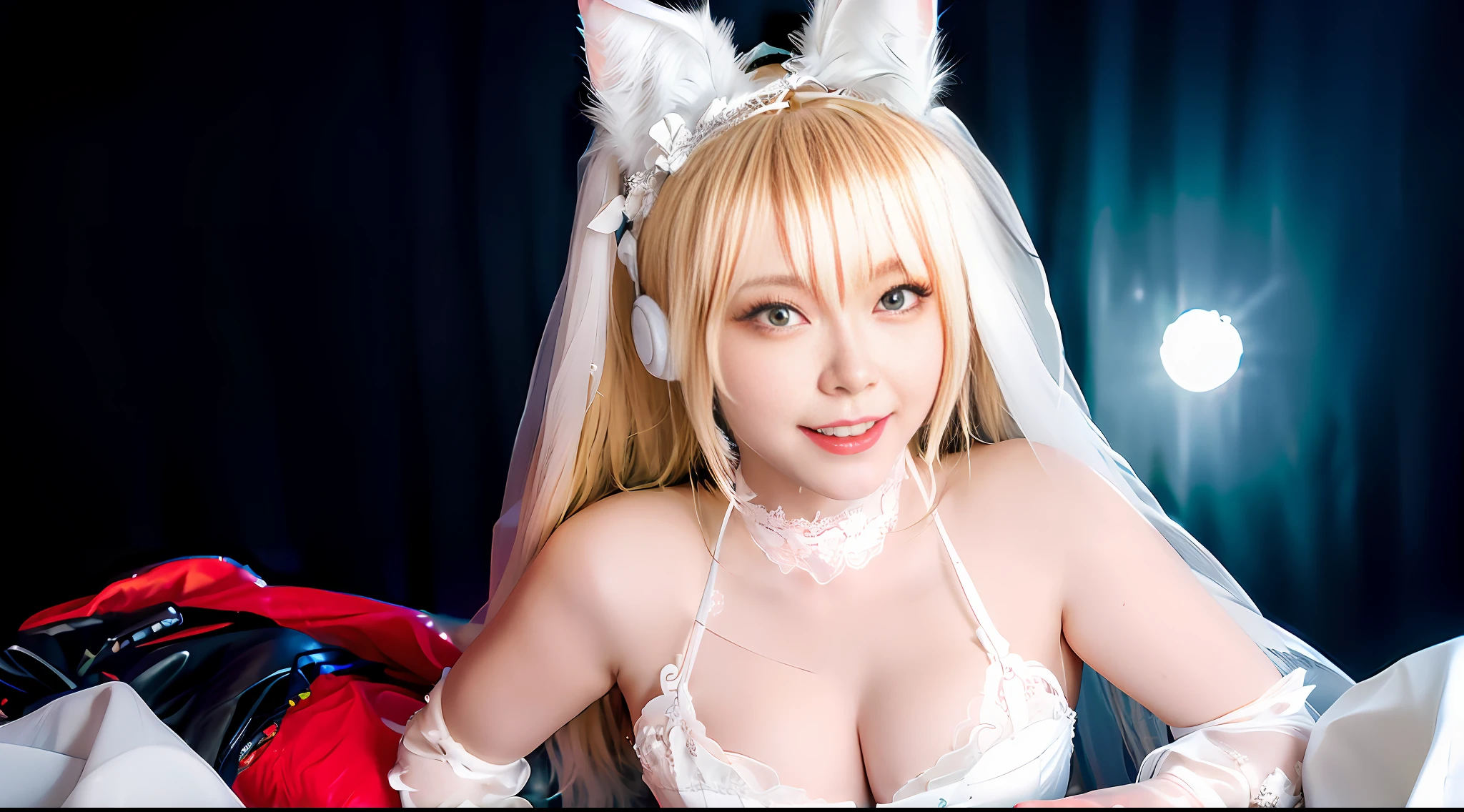 Top view), dynamic angle, ultra-detailed, illustration, close-up, pass-through, 1girl, ((souryuu Asuka Lanley, interface headphones, red tights: 1.4, blonde)), animal_ear_fluff, animal_ears, bangs, blonde_hair, cat_ears, cat_tail, closed_mouth, floral_print, fur_ Collar, fur_trim, her eyes shining like dreamy stars, (glowing eyes: 1.233), (beautiful and detailed eyes: 1.1), (expressionless, mouth closed), (standing), (mechanical room with tools and spaceship windows in white spaceship), (night: 1.2), dreamy, [delicate fingers and hands: 0.55]:: 0.85], (detail fingers), (detail eyes), (facial features), (clothing detail detail), Kneeling on bed, kneeling ,,,HDR, 8k resolution, looking at the audience, (bangs: 1.1), skin firmness, (shiny skin), (slim girl), dreamlike, ((white lace wedding dress)), nsfw, ((delicate wedding dress with flowers)), hair accessories, white long gloves, white ribbon, leg lace, narrow waist, drenched, wet clothes, wet hair, water droplets, translucent, (microscopic), bedroom, small breasts, straight hair, long hair, black hair, light blue pupils, 1girl, cute, innocent, (smile), slimming, indoors, sunset, night,