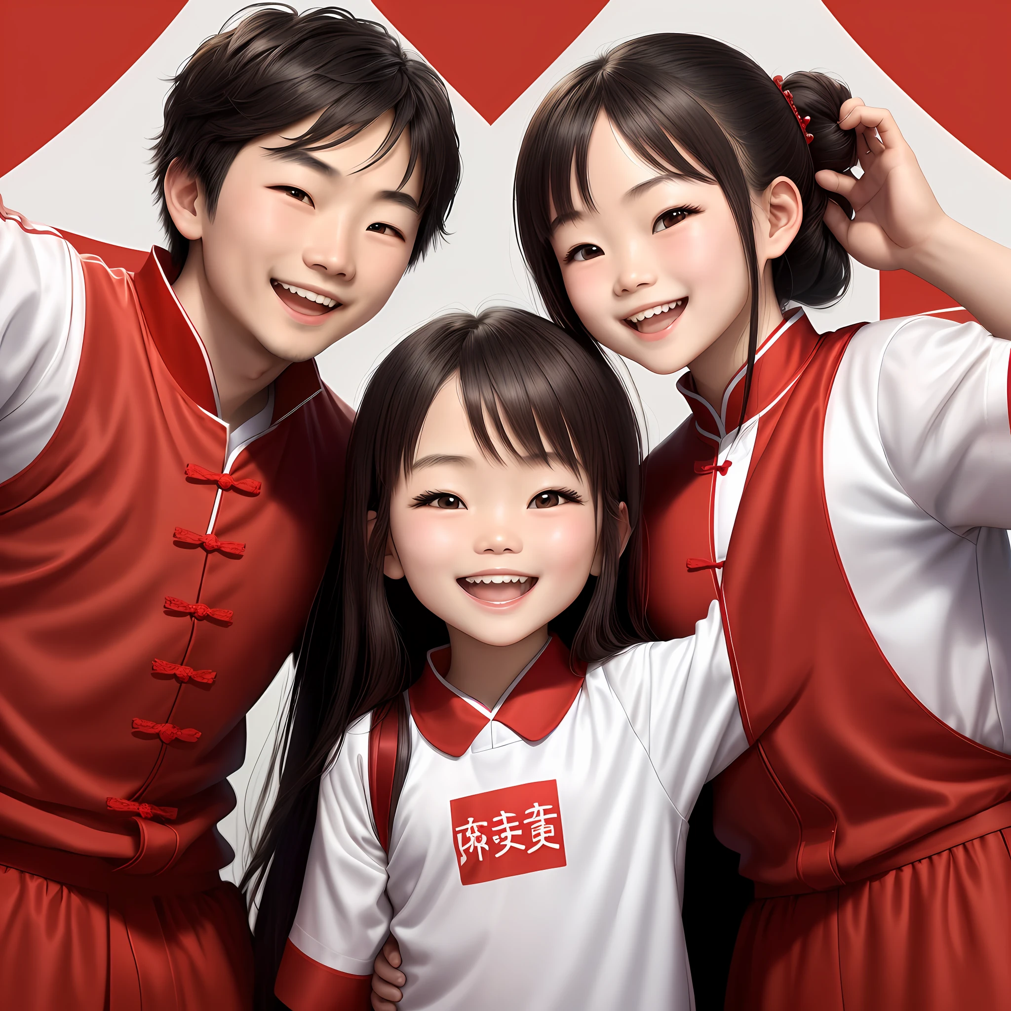 Dental activity poster, refreshing background, red embellishment, two Chinese children, a man and a woman, wearing student clothes, smiling at the camera, more white space
