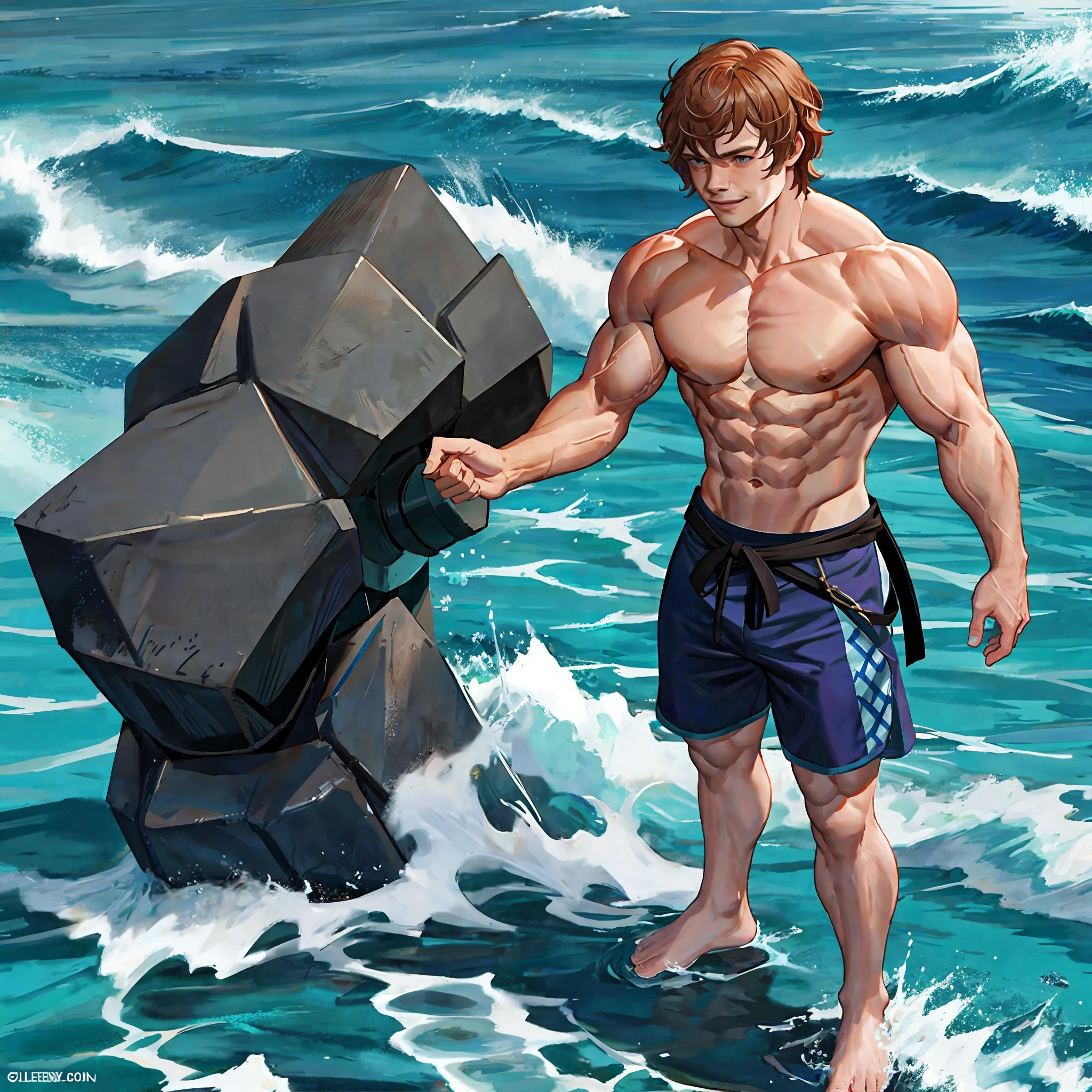 Theon greyjoy as a big muscular bodybuilder with 8 pack abs and big biceps and big pectoral muscles, hunk, shredded x sexy, strong, smile, happy, tall, barefoot, looks confident, flexing, stormy sea, chiseled physique, flexes huge biceps, alfie allen, flexing biceps, game of thrones