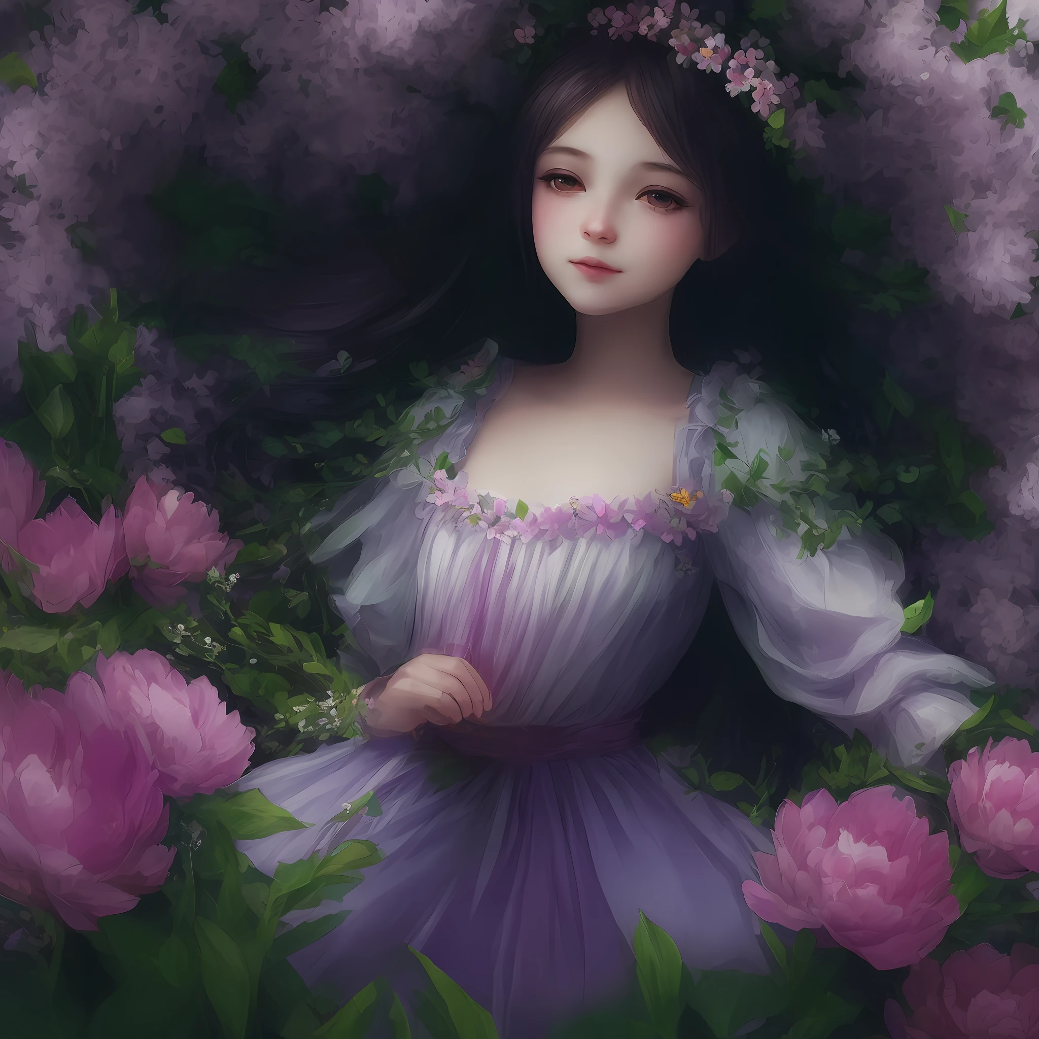 Illustration of a sweet and pretty girl surrounded by flowers. Spring concept. Fairy tale character
