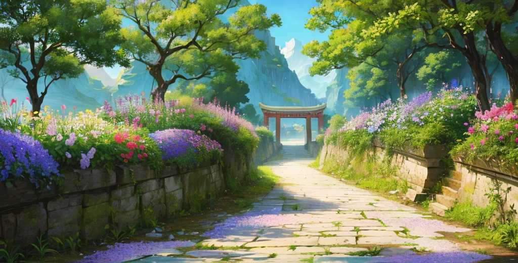Official Art, Ancient Chinese Landscapes, (Streets), (Quiet), (Flowers), Beautiful Landscapes, Masterpieces, High Quality, Exquisite Graphics, High Detail, Epic Landscapes, Colorful, Intricate Details, Ultra Low Viewing Angle, Wide Angle Lens