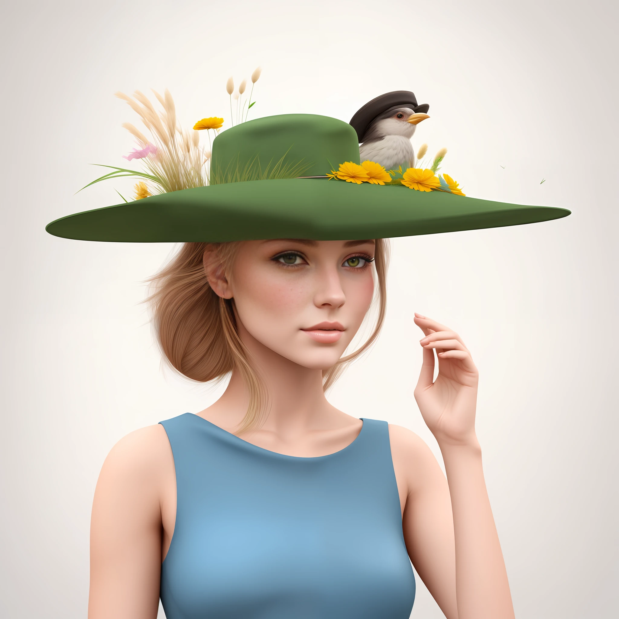 a beautiful young woman with a hat. the hat has made of large grass and flowers, and two birds among the grass. digital art, trending on artstation, 8k, uhd