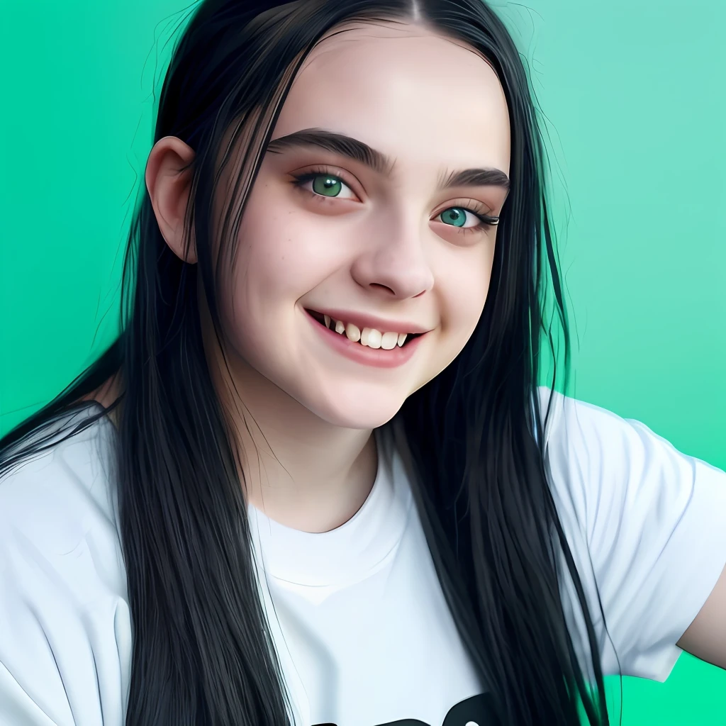 Billie Elish, smiling, lighter eyes, yellow-green and black hair, blue eyes, dressed in black, bright smile, teeth, personality, neon signs, gradient color on background, stage lighting, original simulation style, charming eyes, charming expressions. The background should be neutral and simple, pay close attention to details such as highlights and shadows on his face and hair to create a realistic and realistic image. Try different lighting techniques to enhance the mood and atmosphere of your portrait. Highly Detailed Skin, Skin Detail, Sharp Focus, Volumetric Fog, 8K UHD, SLR, High Quality, Film Grain, Fujifilm XT3, (Best Quality: 1.4), (Masterpiece: 1.4), (Detail: 1.3), (Best Quality: 1.4), (Masterpiece: 1.4), (Detail: 1.3), (Color Gradient Background: 1.5, Close Up: 1.5), (Realism: 1.4), (Best Quality: 1.0), (Super High Resolution: 1.0)