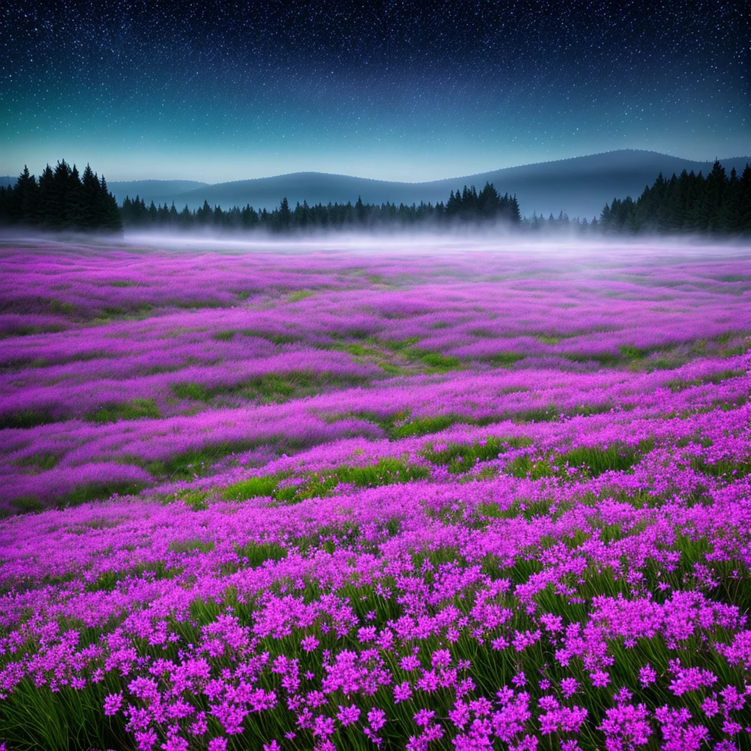 night field with a glowing ghost flowers, heather, mist, stars, detailed