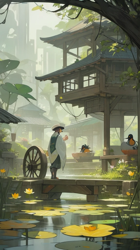(It is drizzling), there are lotus leaves in the quiet pond, the water wheel is turning, there are willow leaves hanging down from the top of the picture, and two mandarin ducks are in the water, revealing pedestrians and stops