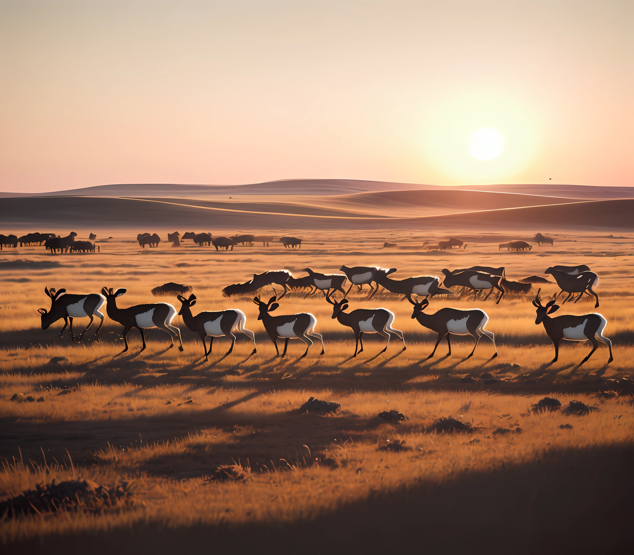 Intricate details, 8K, high resolution, (realistic and clear face), soft light, perfect shadows, sunset, on the prairie, the back of a flock of antelopes, walking towards the center of the picture.