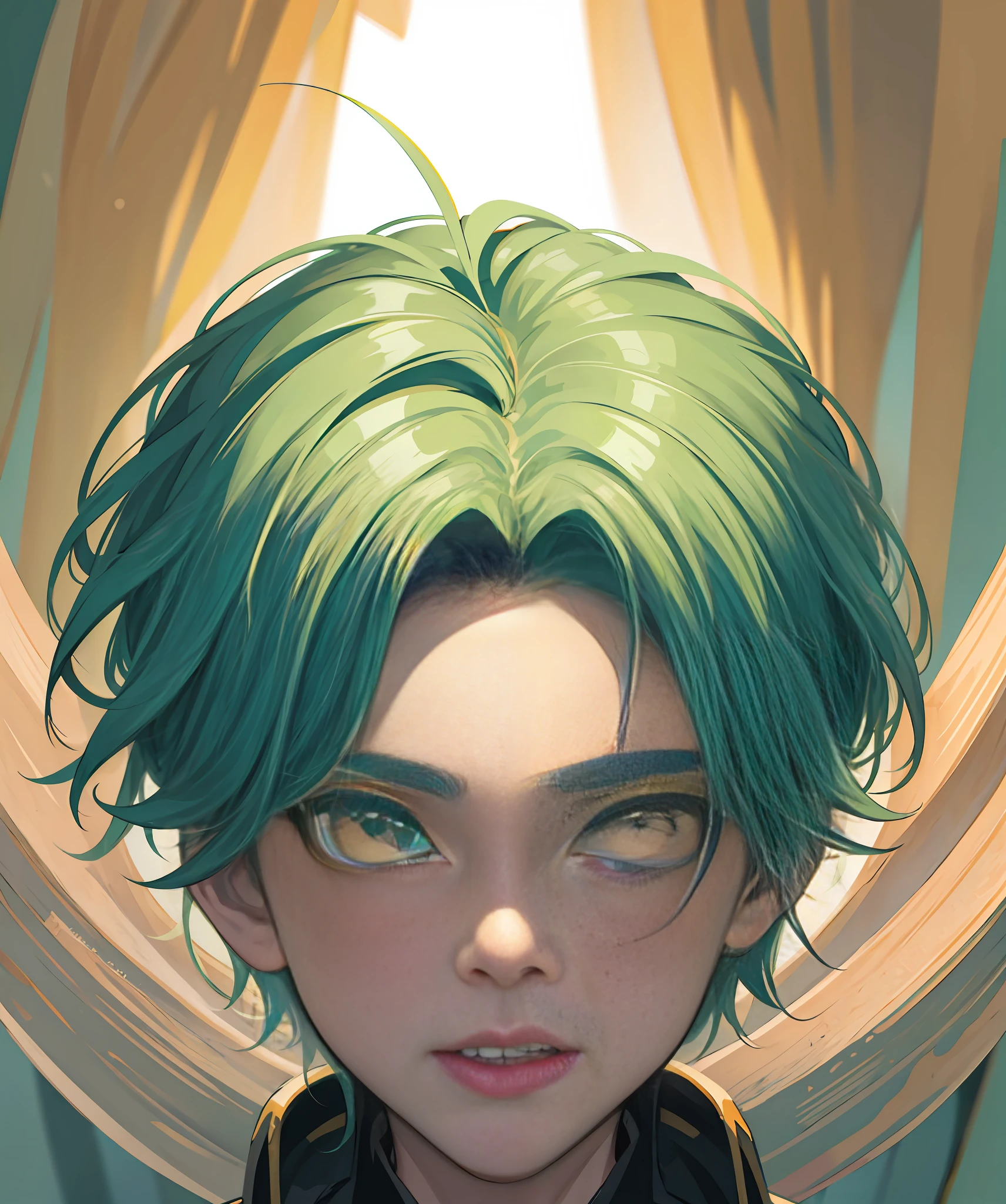 boy, avatar, natural light, delicate face, pale green hair, yellow pupils, big eyes, sword eyebrows, UHD, masterpiece, ccurate, textured skin, super detail, high detail, high quality, best quality, high resolution, no background, white background