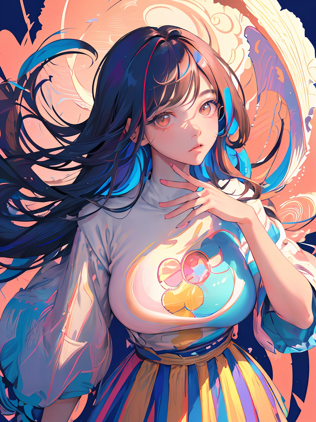 (masterpiece), (best quality), (ultra detailed),(disheveled hair),(illustration), (1girl), (Fashionable clothing), standing,Fashion model,looking at viewer, (interview), (simple background),beautifuldetailedeyes,delicate beautiful face,Floating,(high saturation),(colorful splashes),colorful bubble,(shining),focus on face,