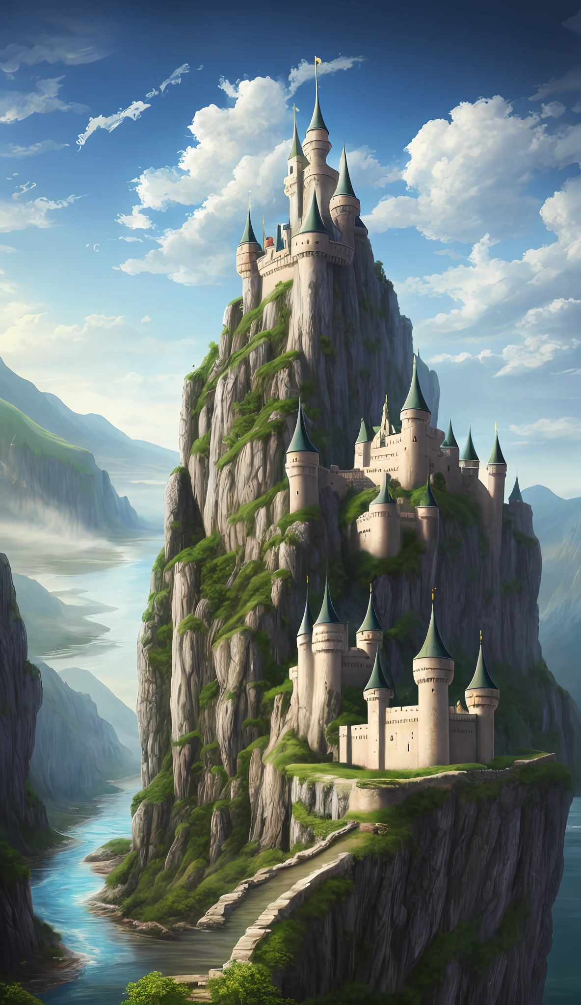 painting of a castle on a cliff with a river below, epic fantasy digital art style, impressive fantasy landscape, detailed fantasy digital art, flying cloud castle, epic dreamlike fantasy landscape, 4k highly detailed digital art, 4 k detail fantasy, fantasy landscape, epic fantasy landscape, castle in the clouds, fantasy art behance, matte painting in fantasy style, fantasy castle