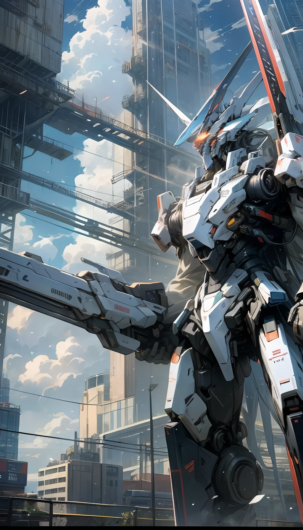 Sky, Clouds, holding_weapon, no_humans, Glow, Mecha, Architecture, Science Fiction, City, Reality --v6