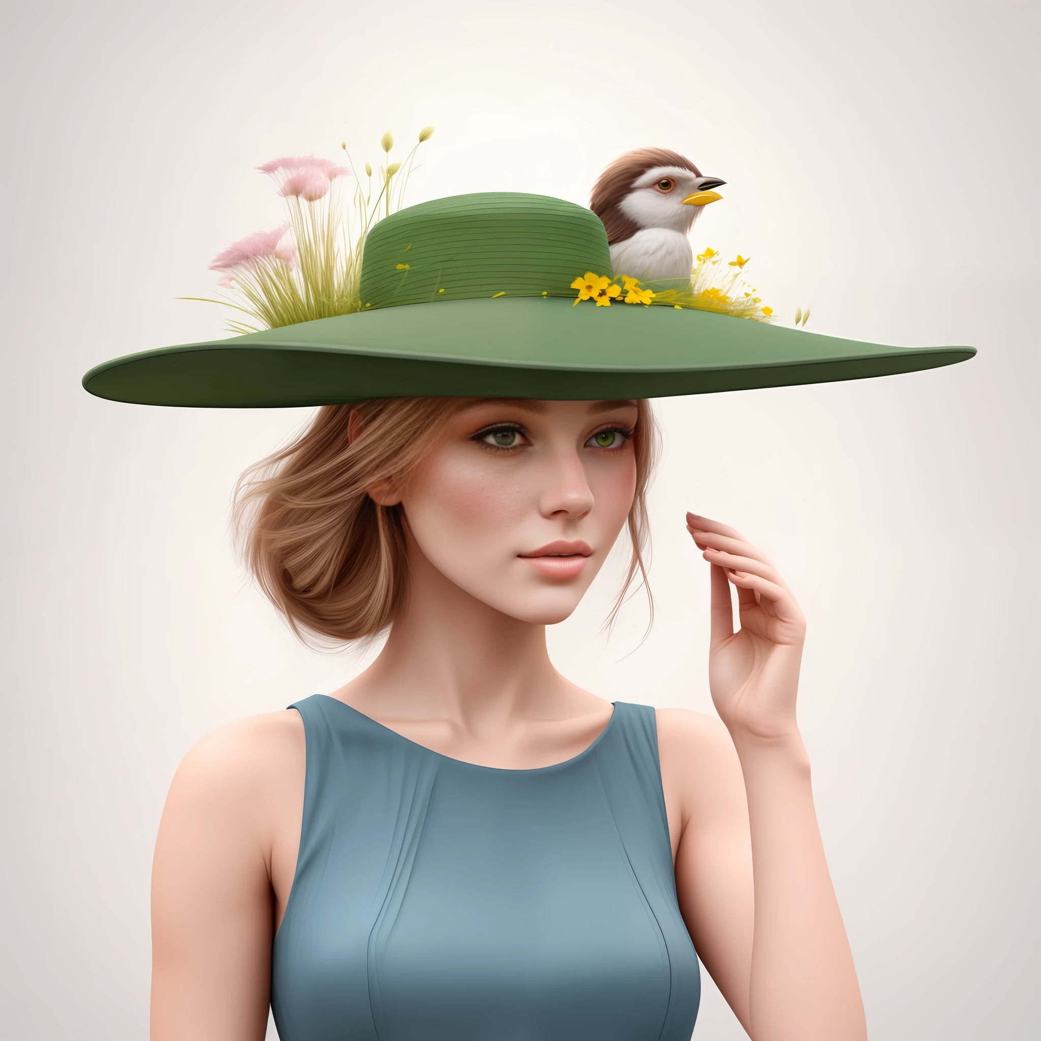 a beautiful young woman with a hat. the hat has made of large grass and flowers, and two birds among the grass. digital art, trending on artstation, 8k, uhd