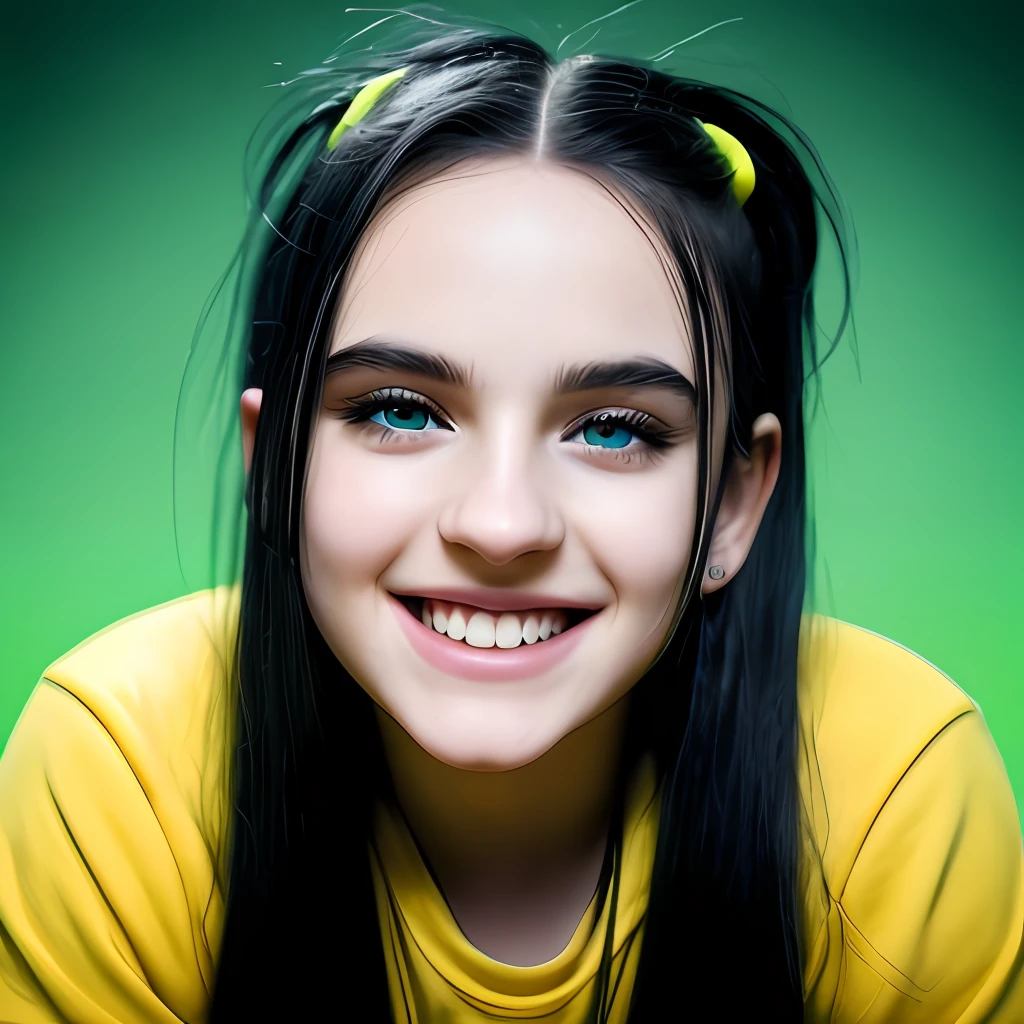 Billie Elish, smiling, lighter eyes, yellow-green and black hair, blue eyes, dressed in black, bright smile, teeth, personality, neon signs, gradient color on background, stage lighting, original simulation style, charming eyes, charming expressions. The background should be neutral and simple, pay close attention to details such as highlights and shadows on his face and hair to create a realistic and realistic image. Try different lighting techniques to enhance the mood and atmosphere of your portrait. Highly Detailed Skin, Skin Detail, Sharp Focus, Volumetric Fog, 8K UHD, SLR, High Quality, Film Grain, Fujifilm XT3, (Best Quality: 1.4), (Masterpiece: 1.4), (Detail: 1.3), (Best Quality: 1.4), (Masterpiece: 1.4), (Detail: 1.3), (Color Gradient Background: 1.5, Close Up: 1.5), (Realism: 1.4), (Best Quality: 1.0), (Super High Resolution: 1.0)