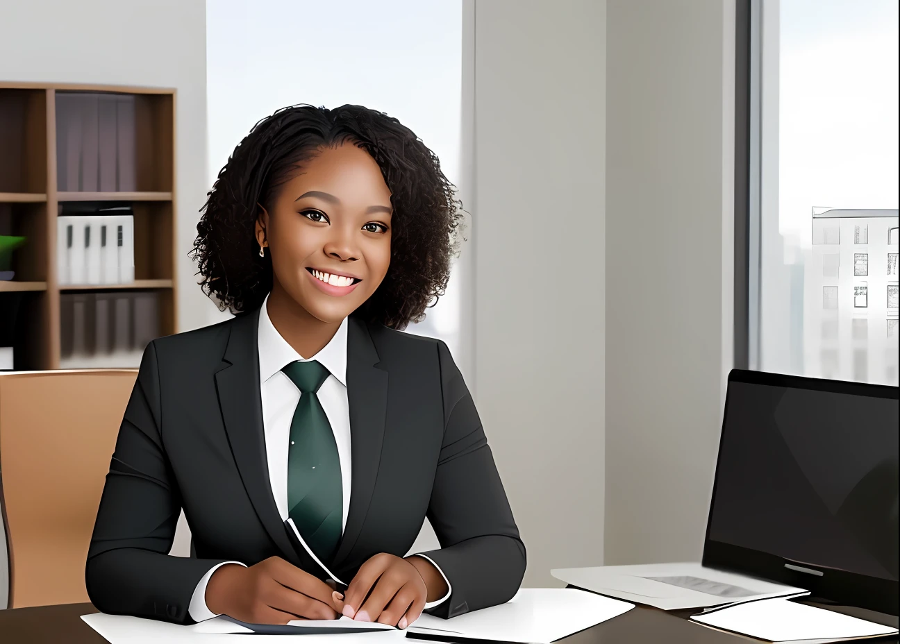 African american woman sitting in office, looking at laptop, smile on face, add detail:1, charcoal black suit, dark green tie, clean white office, realistic