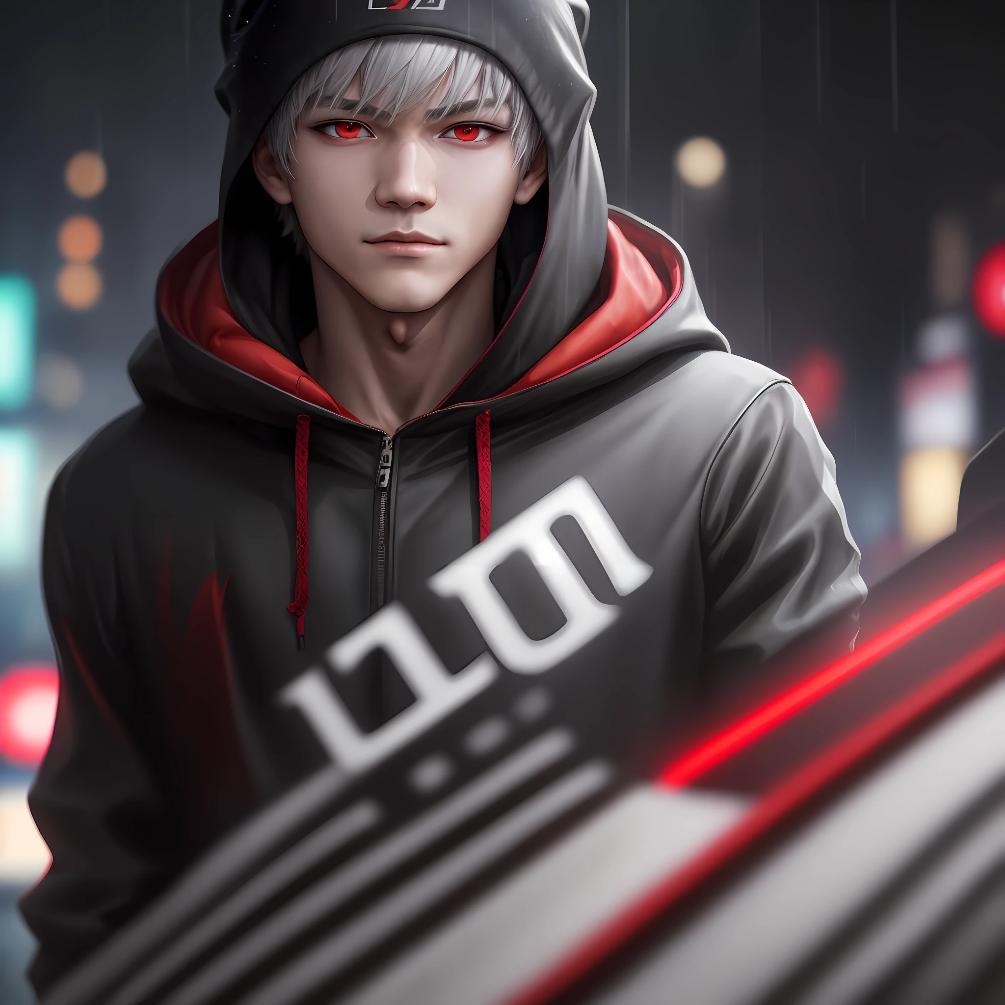 kk, best quality, more details, mastery, 1boy, kaneki ken, portrait, male focus, red eyes, solo, bangs, looking at viewer, hood, short hair, rain, tokyo tokyo \(city\), turban, nail polish , gray hair, luxury, 8k, detail, ray tracing, depth of field, movie lighting,