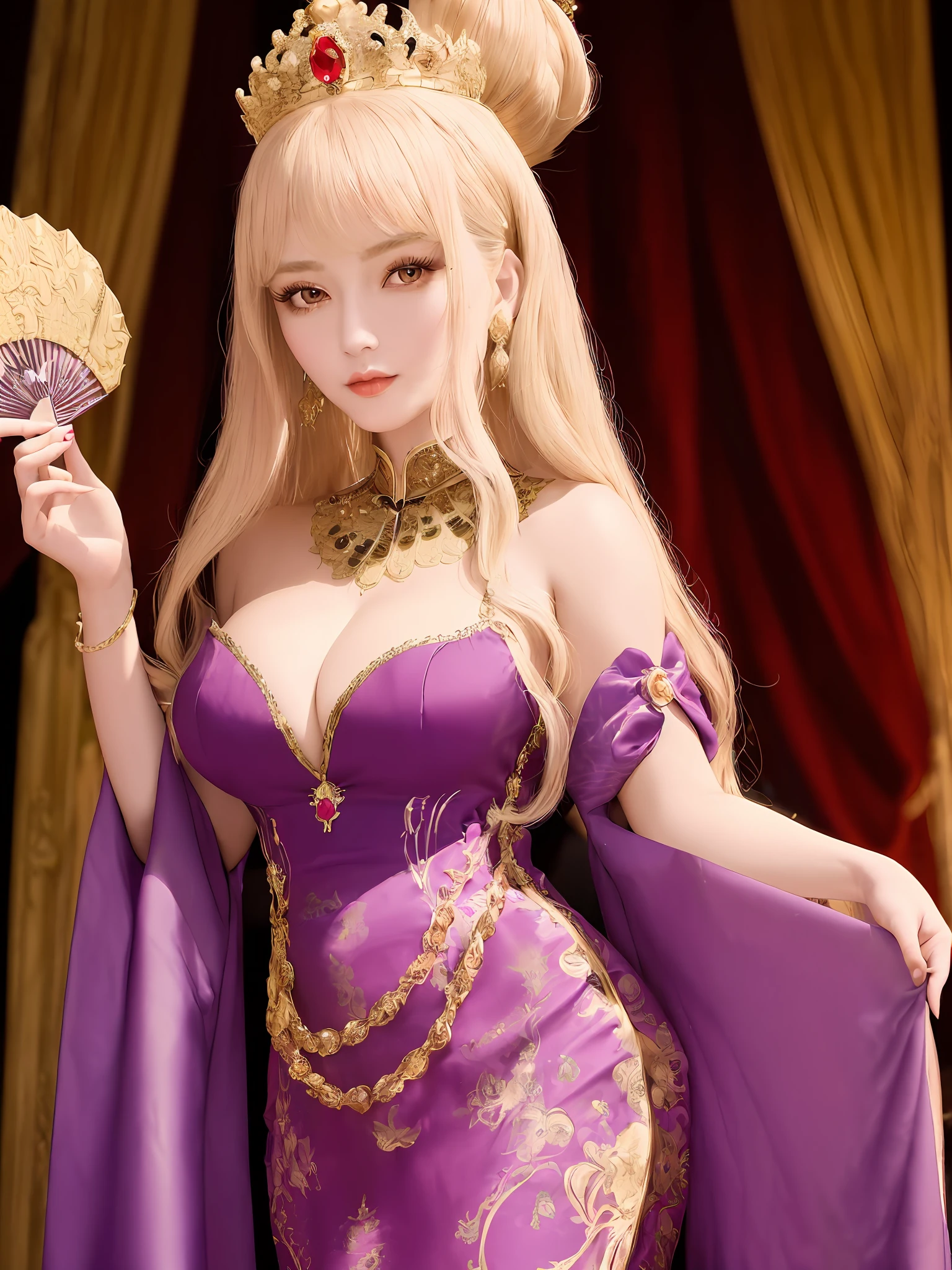28 years old, tall,masterpiece, highest quality, solo focus, (perfect face:1.1) , (high detail:1.1),dramatic,dynamic pose, 1girl, breasts, blonde hair, black eyes, solo, cleavage, long hair, curvy, She is like a princess in the palace, dignified and graceful. Her dress is made of brocade, dyed in a rich purple color that symbolizes royalty. The dress has exquisite embroidery of dragons and phoenixes, showing her power and authority. She wears a golden crown on her head, adorned with pearls and gems. Her hair is coiled up in a bun, secured with a jade pin. Her face is fair and smooth, with almond-shaped eyes and cherry lips. She walks with confidence and elegance, holding a fan in her hand. The palace is magnificent and splendid, with carved pillars and painted ceilings. The floor is covered with red carpets and golden patterns. The palace is full of servants and guards, who bow respectfully to her as she passes by. She looks like a ruler, a legend, a goddess. She is the embodiment of nobility and grace.
