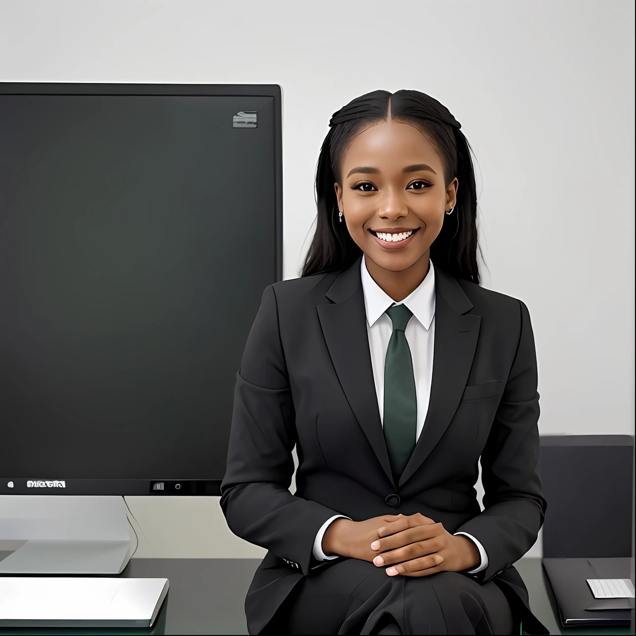 African american woman sitting in office, looking at laptop, smile on face, add detail:1, charcoal black suit, dark green tie, clean black office, realistic