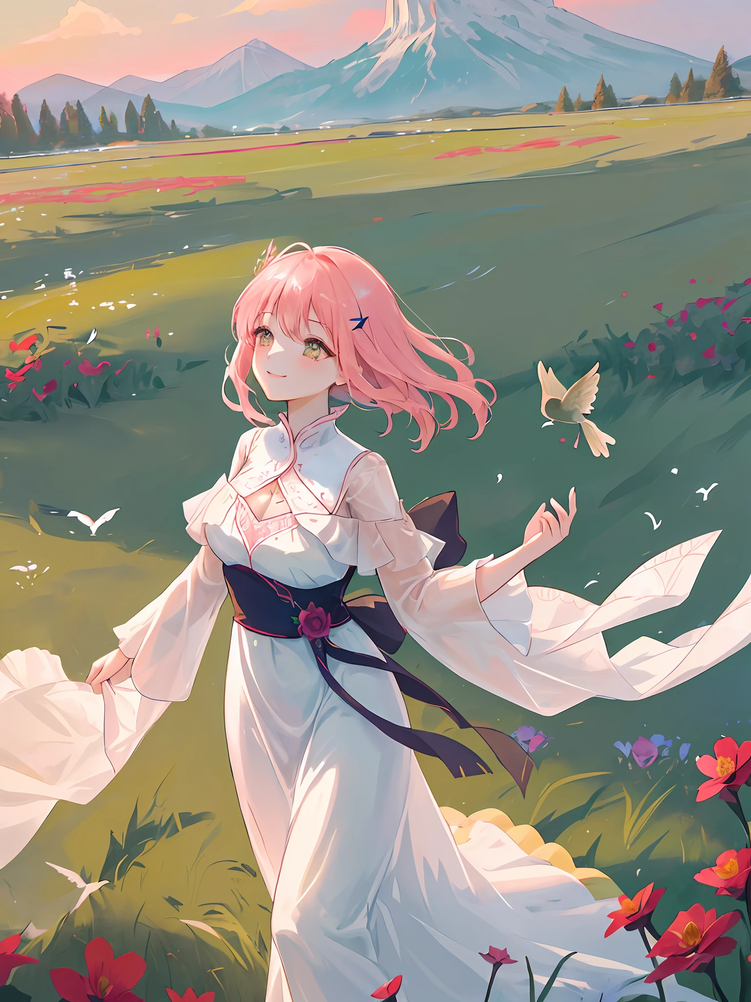 She is like a fairy in the mortal world, graceful and elegant. Her dress is made of silk, dyed in a soft pink color that matches the glow of the sky. The dress has intricate embroidery of flowers and birds, showing her refined taste and noble status. She wears a jade hairpin in her long black hair, which flows behind her as she runs. Her face is delicate and flawless, with bright eyes and rosy lips. She smiles as she enjoys the freedom and beauty of nature. The field is full of green grass and colorful wildflowers, swaying in the gentle breeze. The sun is setting behind the mountains, casting a warm light over the scene. She looks like a painting, a dream, a poem.