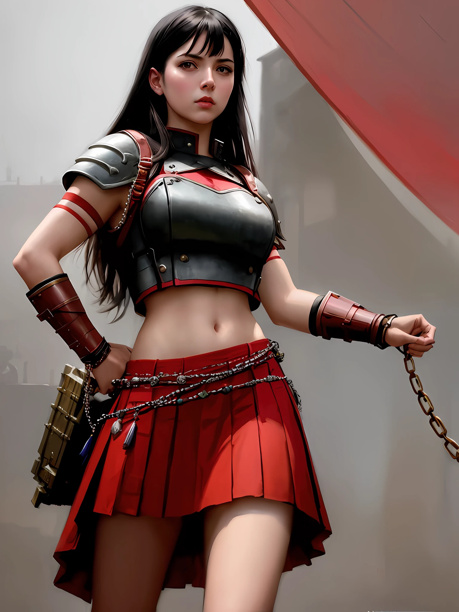 stunningly beautiful photo realistic cute warrior in skirt , using red chains, with red arms, Atey Ghailan, by Jeremy Mann, Greg Manchess, Antonio Moro, trending on ArtStation, trending on CGSociety, Intricate, High Detail, Sharp focus, dramatic, photorealistic painting art by midjourney and greg rutkowski