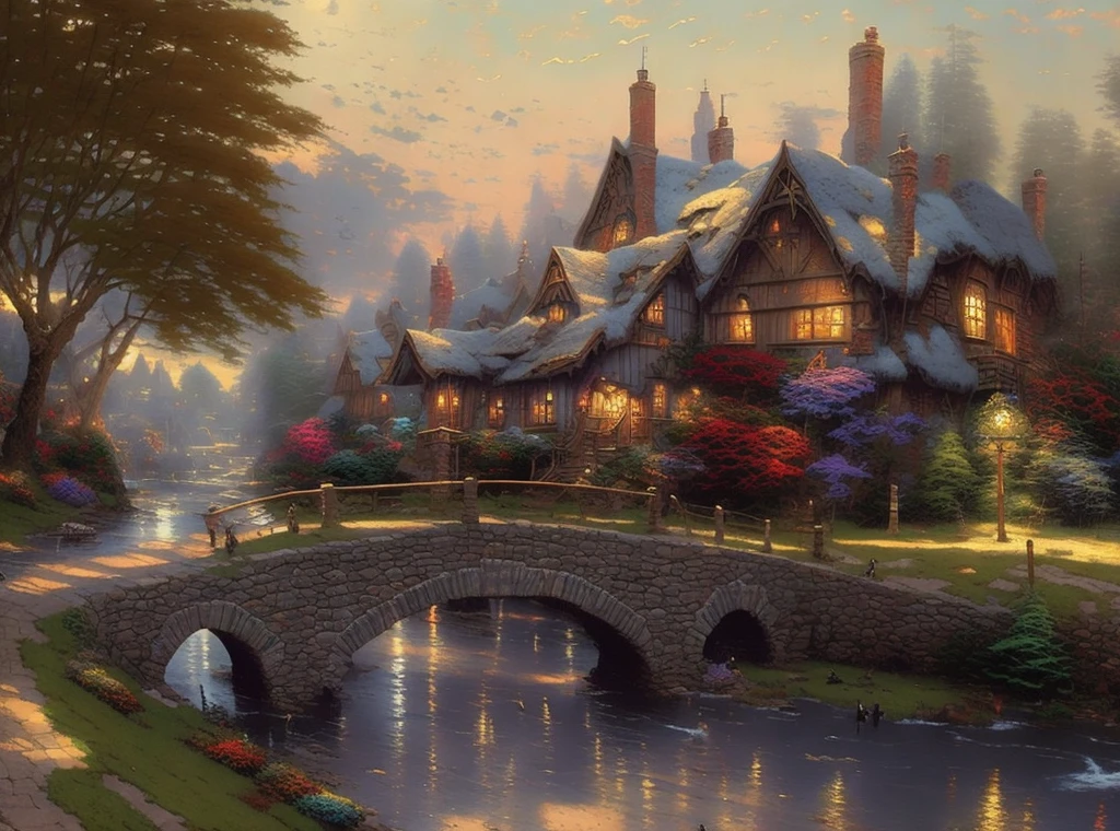A painting of a hut with a river bridge, a little girl standing on the bridge, red Hanfu, 2 ducks on the river, Thomas Kinkade CFG _ Scale 9, Thomas Kinkade CFG _ Scale 8, Thomas Kinkade. Highly detailed, Thomas Kinkade, Thomas Kinkade, style Thomas Kinkade, Jim Cade, 4 k matte Thomas Kinkade, ((((Thomas Kinkade))), Thomas Kinkade style