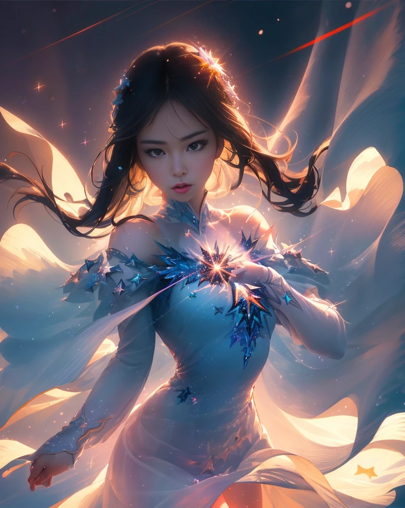 (pretty:1.5), magical princess, (adult), striking image, artistic composition, emotional, active, motion, particles,masterpiece,highest quality,1girl,(close up),magical,beautiful dress,sparkles,starburst effect,motion blur,field of view,dramatic angle