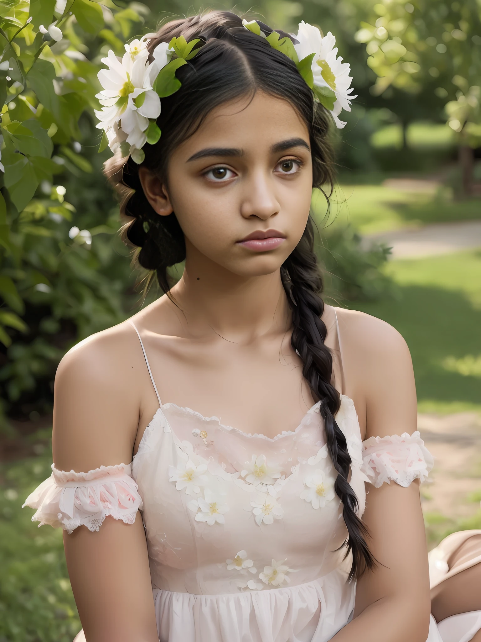 Portrait of an 18 year old cute petit teen, beautiful Indian girl, braided hair, flowers on head, cute face, wearing bare shoulder dress, in cotton panties, at the park, sexy, ultra realistic, photorealistic, detailed, fair skin, 8K detailed,