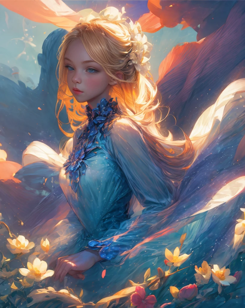 pretty blonde teen, elegant blue dress, flowers, cloth