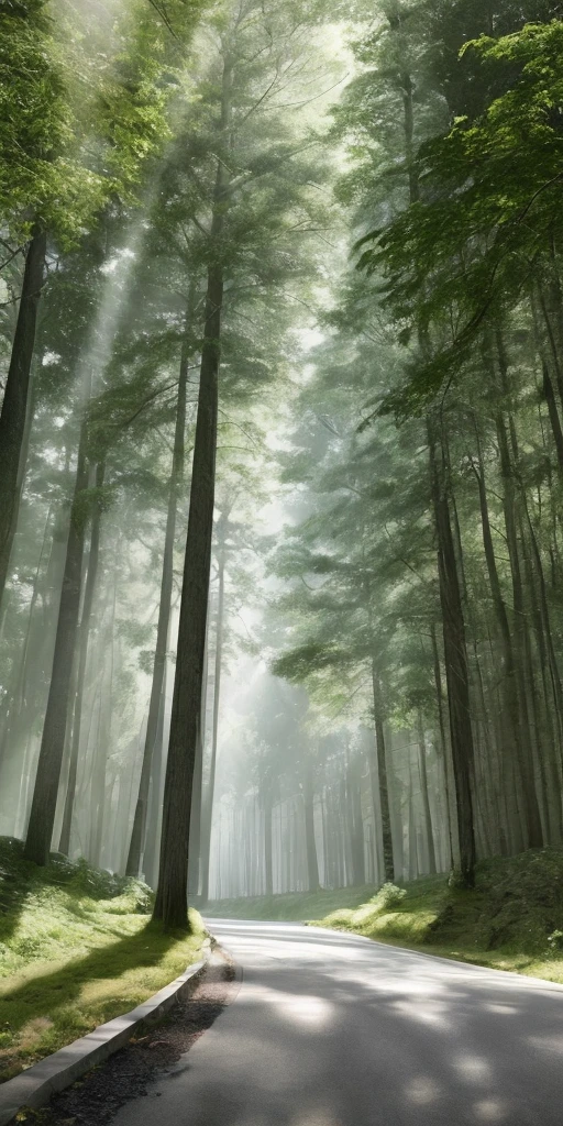 woods, sunny, monochrome, vines everywhere, huge and damp trees, masterpiece, best quality, high quality, very detailed CG uniform 8k wallpaper, oil painting, award-winning photography, bokeh, depth of field, HDR, bloom, chromatic aberration, realism, very detailed, trends on artstation, trends on CGsociety, intricacies, high detail, drama, midjourney art, volumetric lighting, tall trees, each trunk has a diameter of one or two meters, Slender asphalt roads, attached mountains, coniferous forests, huge bottomless pits, the sun pass faintly shone through the leaves to the ground, trees spaced four or five meters apart, gloomy, with a large number of leaves and thick trunks