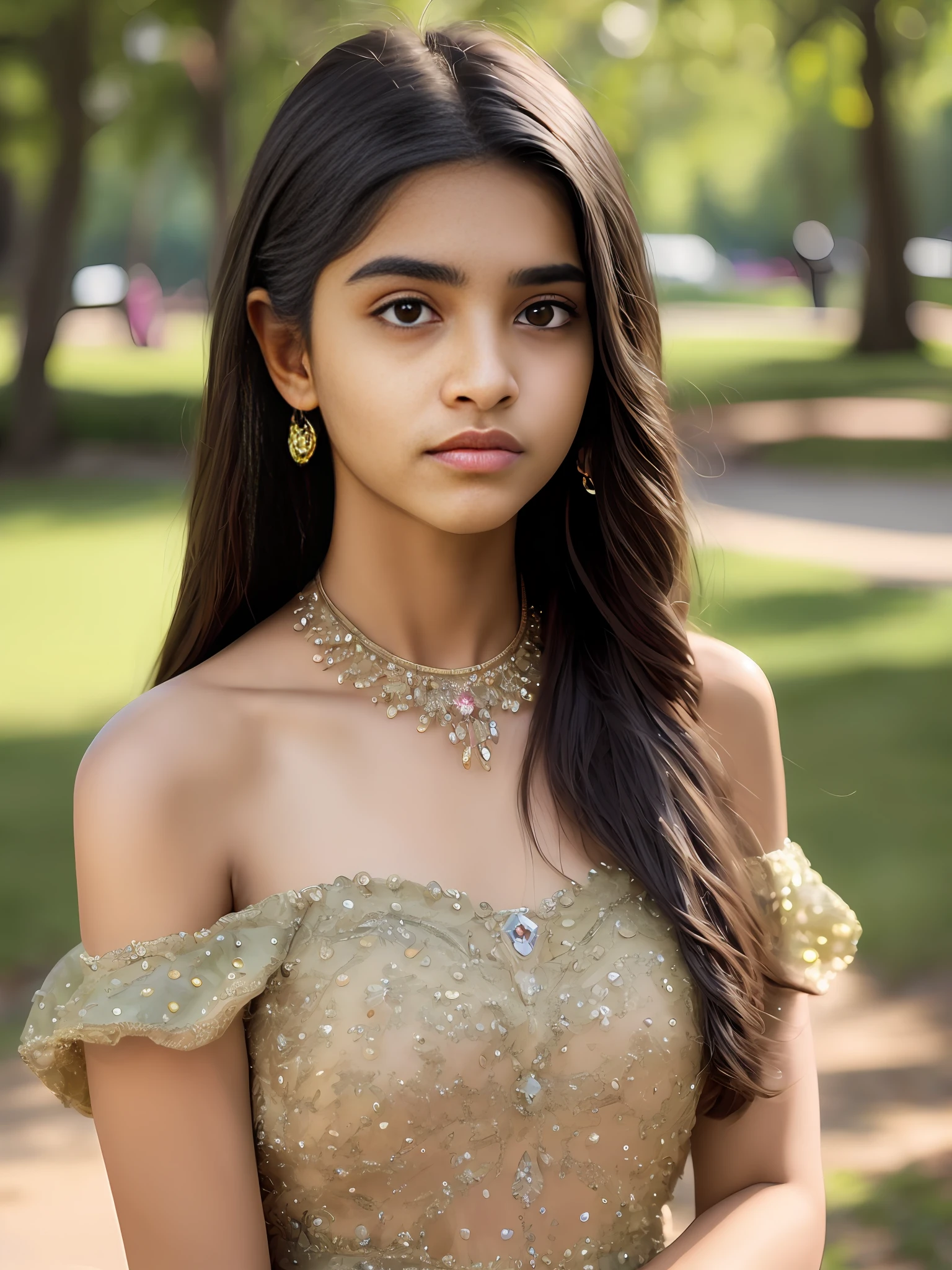 Portrait of an 18 year old cute petit teen, beautiful Indian girl, wearing jewelry, fair skin, cute face, wearing bare shoulder dress, at the park, ultra realistic, photorealistic,8K ,