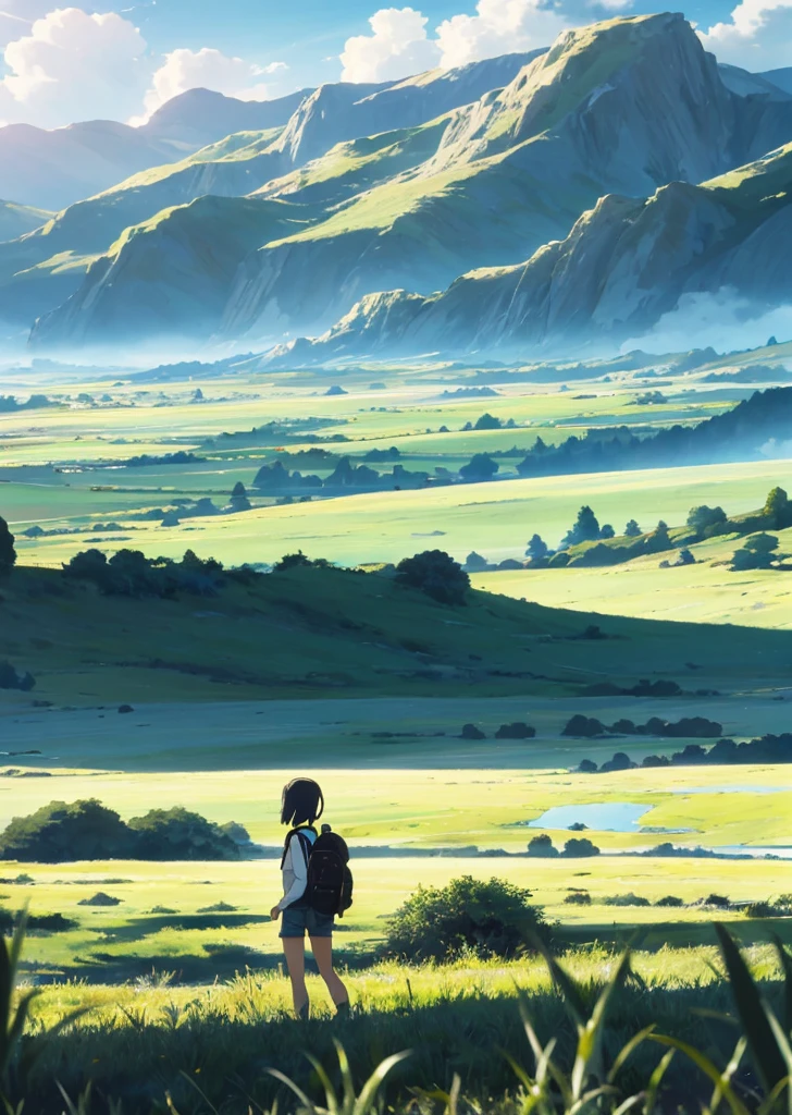 The vast sky, large grasslands, moving visual effects, colorful natural light, and a girl wearing a long-sleeved top and shorts with a backpack can be faintly seen in the distance in the middle of the meadow.