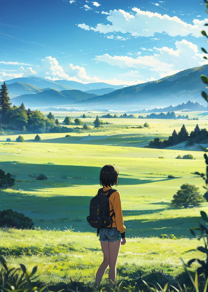 The vast sky, large grasslands, moving visual effects, colorful natural light, and a girl wearing a long-sleeved top and shorts with a backpack can be faintly seen in the distance in the middle of the meadow.