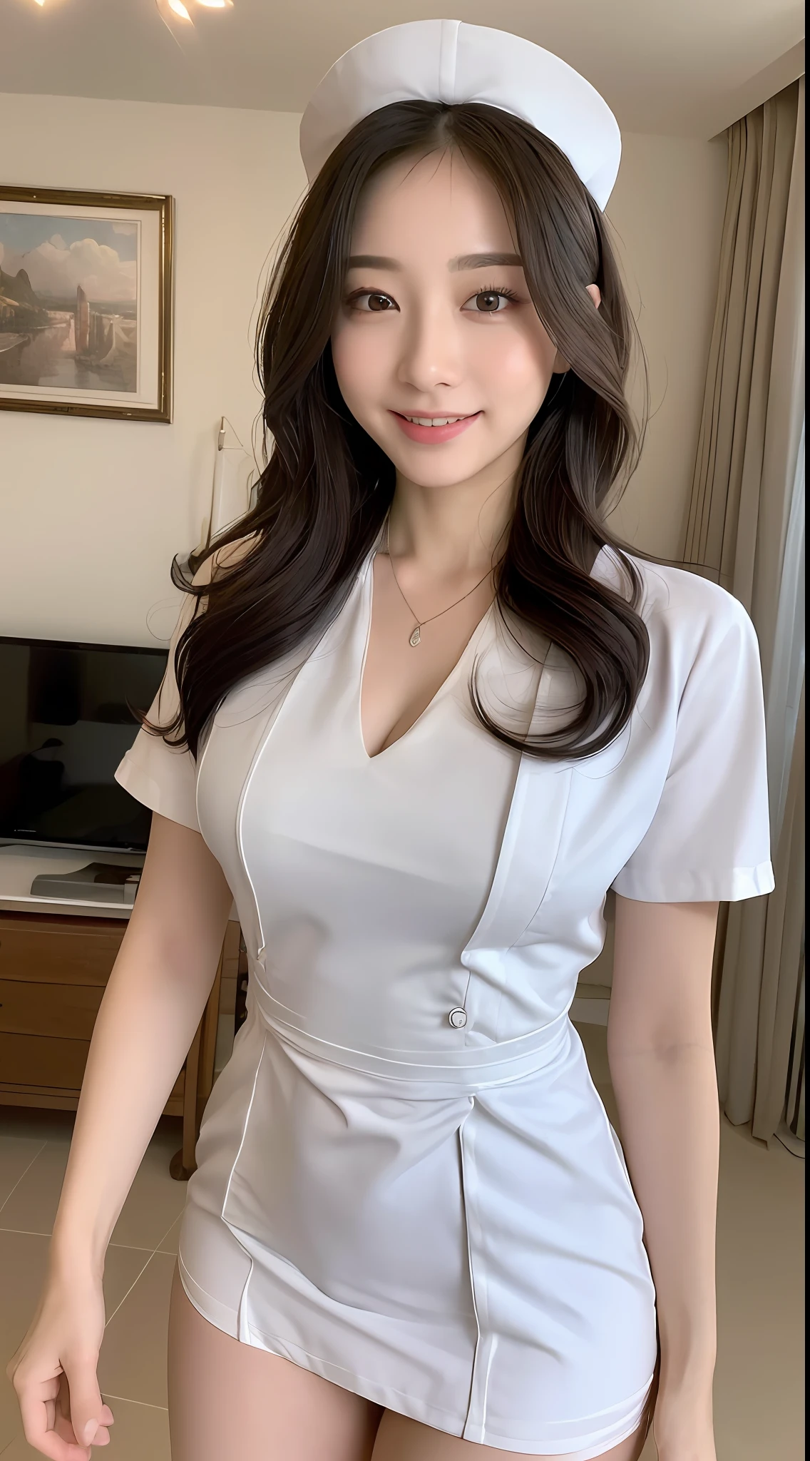 ((Best Quality, 8k, Masterpiece:1.3)), Focus:1.2, Perfect Body Beauty:1.4, Buttocks:1.2, ((Delicate Hair)), (Stylish Nurse Uniform:1.1) ,(Room, living room: 1.3), Highly detailed facial and skin texture, Fine eyes, Double eyelids, Whitening skin, Big breasts, smile, wearing a necklace,
