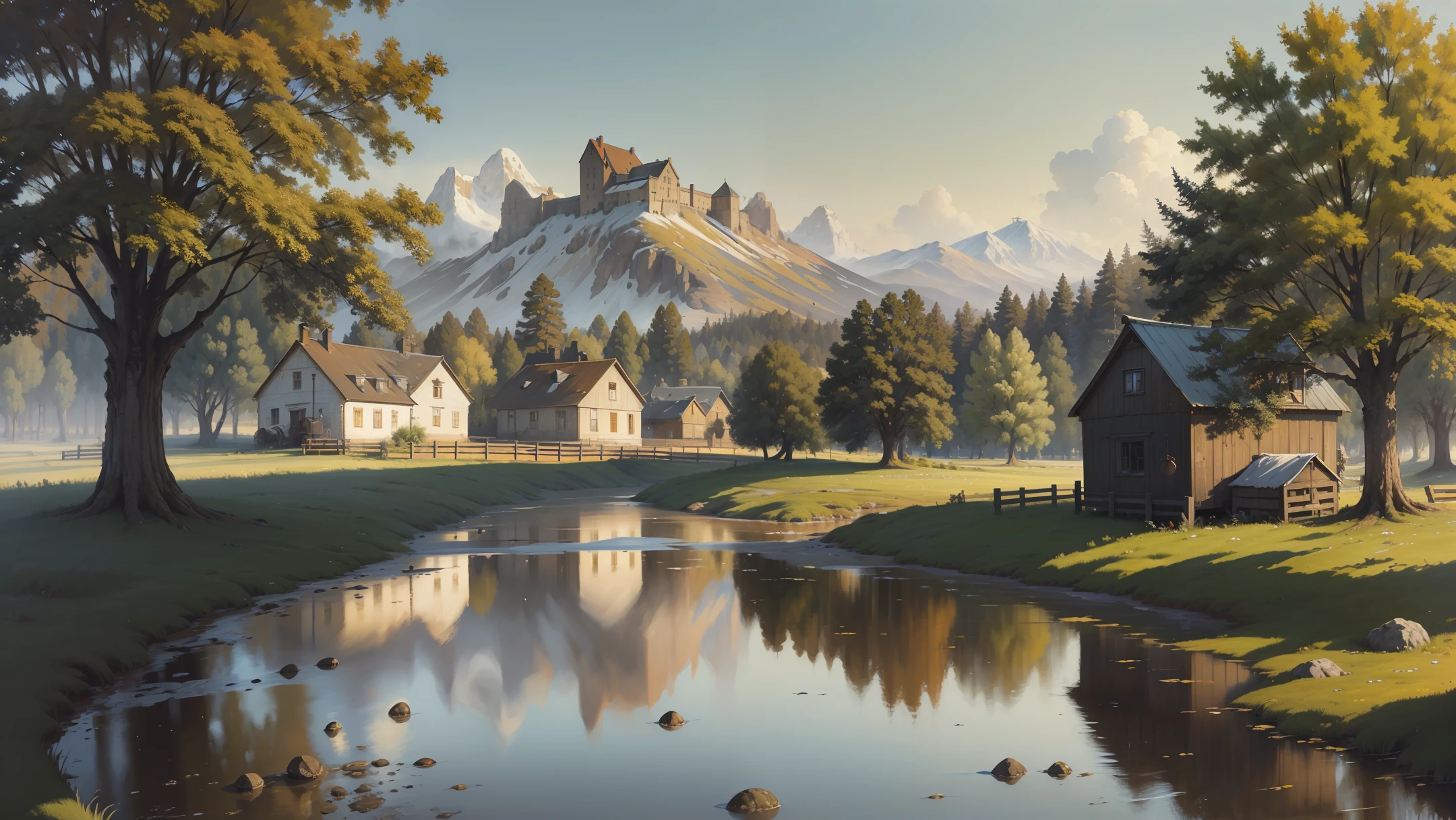 ((realistic painting, oil, 19th century, countryside)), [(rural landscape, horse-drawn cart, sloppy road, sown fields, evening sun)::1.2], ((ultra-detailed)), ((illustration)), ((masterpiece)),((best quality)),HD,16K,Unreal engine,rendered in octane,tilt-shift,Rembrandt Lighting, art by Ivan Shishkin and Fyodor Vasilyev and Alexey Venetsianov