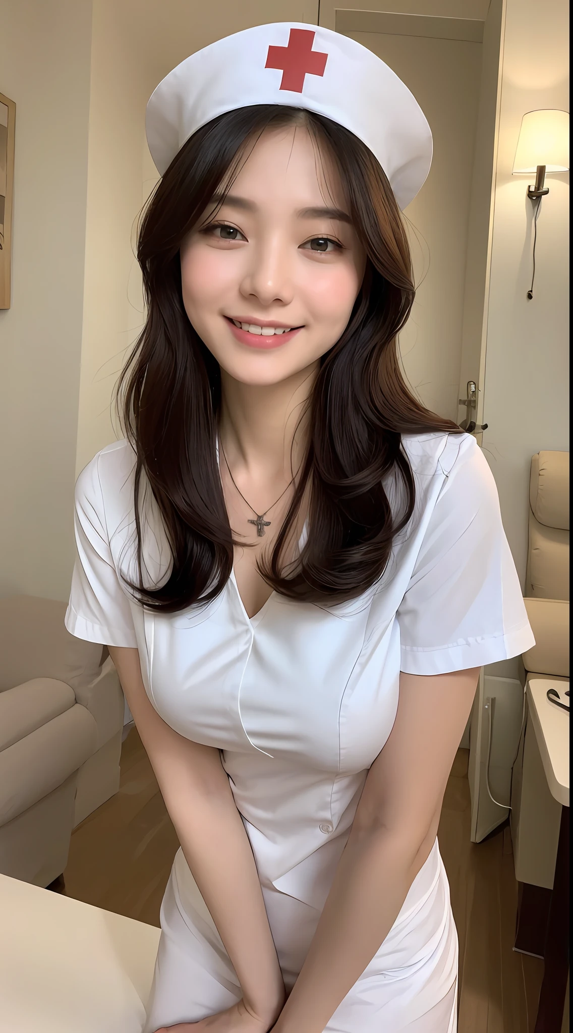 ((Best Quality, 8K, Masterpiece: 1.3)), Focus: 1.2, Perfect Body Beauty: 1.4, Buttocks: 1.2, ((Delicate Hair)), (Nurse's Uniform: 1.1) , (Room, Living Room: 1.3), Highly detailed face and skin texture, Fine eyes, Double eyelids, Whitened skin, Big breasts, smile, wearing necklace, with nurse's hat