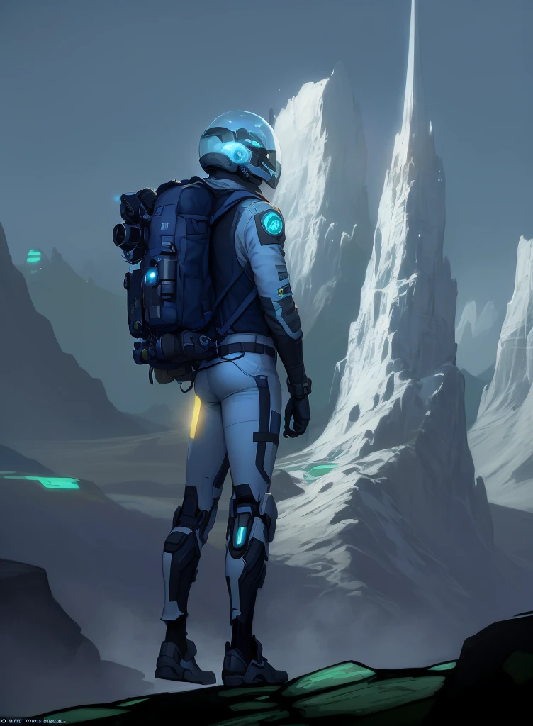 there is a man with a backpack standing on a hill, glowing spacesuit, edgy adventure sci fi, starfinder character, sci - fi character, style of starfinder, with futuristic gear and helmet, sci - fi pilot, scifi character, pristine concept art, starfinder style, sci-fi character concept, epic sci - fi character art, sci-fi skin