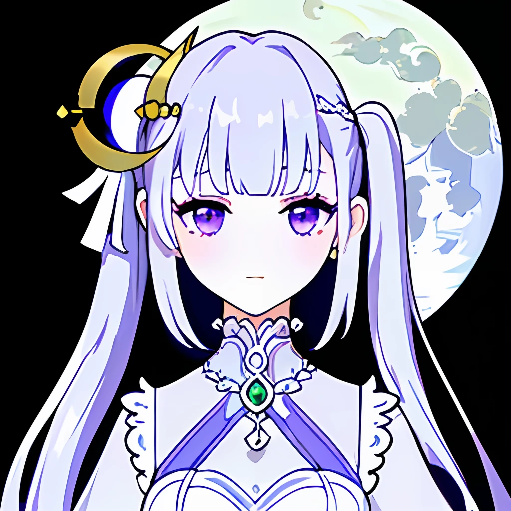 8k, best quality), (1girl: 1.3), (genshinavatar: 1.5), :), meticulously depicted face, beauty, fantastic, teenage, ((moonlight white long hair: 1.4)), (no bangs: 1.4), purple eyes, astrologer, sleepy eyes, flat ??????, white sleeveless slip lace dress,