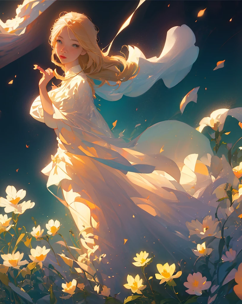 (best quality, masterpiece), 1girl, pose, particle, wind, flower, upper body, simple background, looking at viewer, blonde, galaxy,backlit,rim light,glow