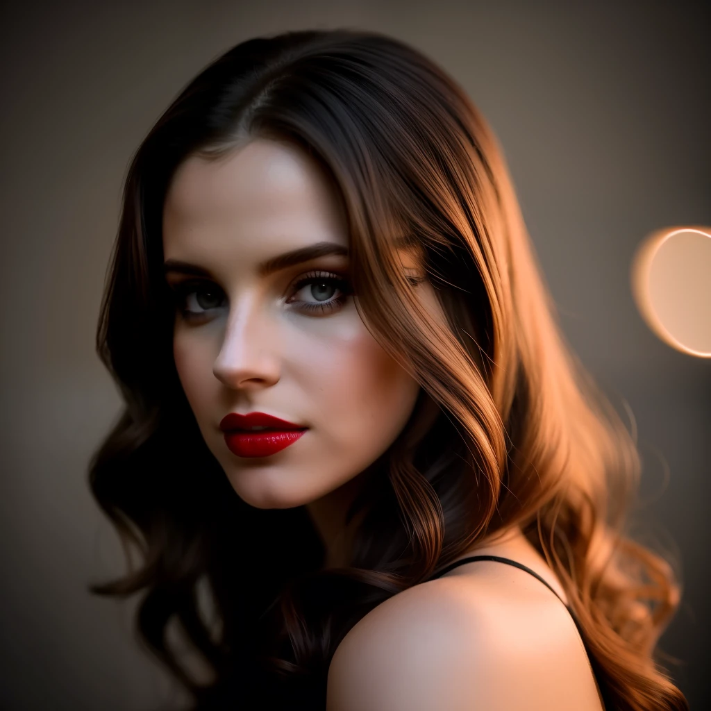 Lana Del Ray, head standing third, red lips, with stage lights, original analog style, captivating gaze, captivating expression. The background should be neutral and simple, paying close attention to details such as the highlights and shadows on his face and hair to create a realistic and realistic image. Experiment with different lighting techniques to enhance the mood and mood of your portraits. highly detailed skin, skin detail, sharp focus, volumetric fog, 8k uhd, dslr, high quality, film grain, fujifilm xt3