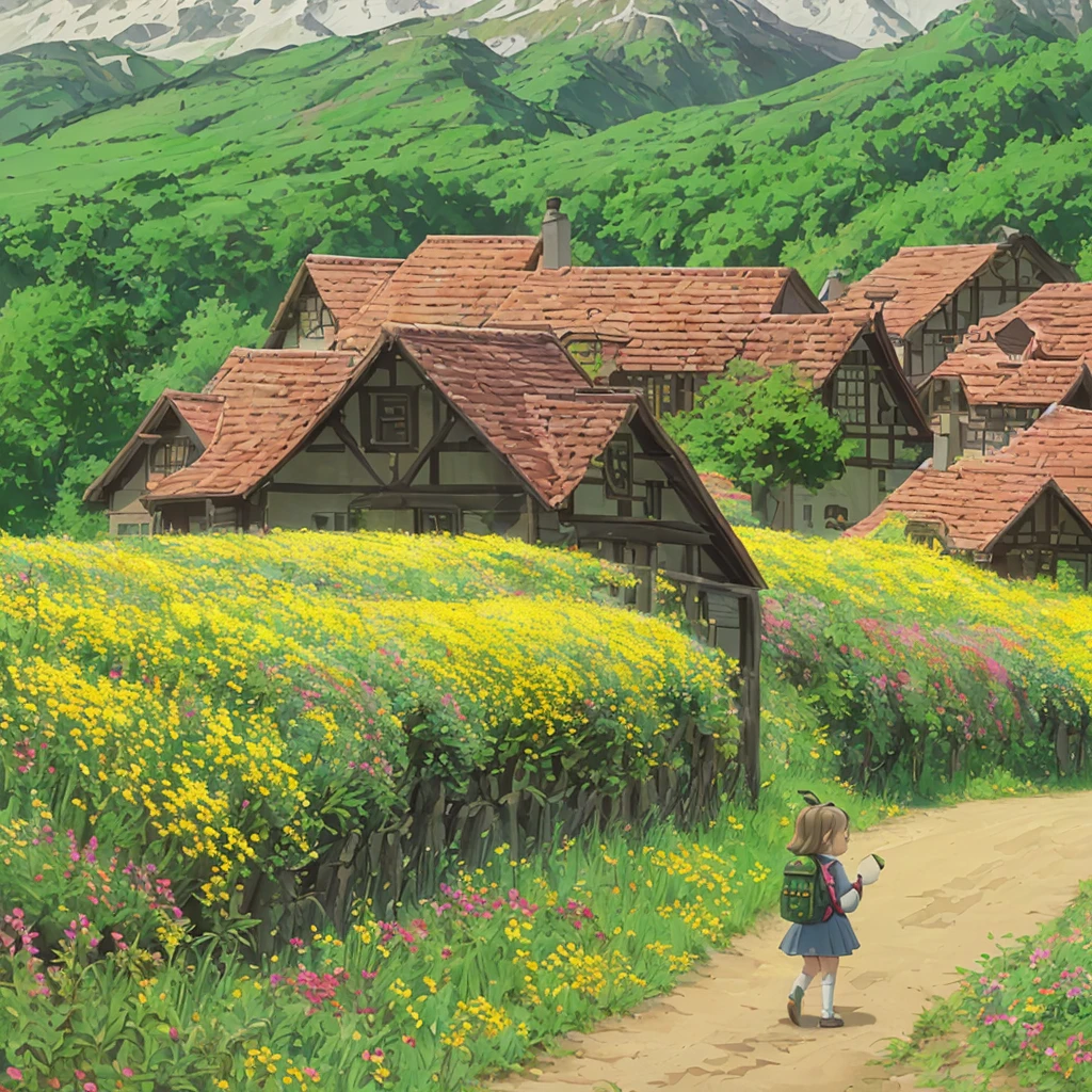 A very charming *********** with a backpack and her cute little dog enjoying a cute spring excursion surrounded by beautiful yellow flowers and nature. Disney style with highly detailed facial features and cartoon-style visuals