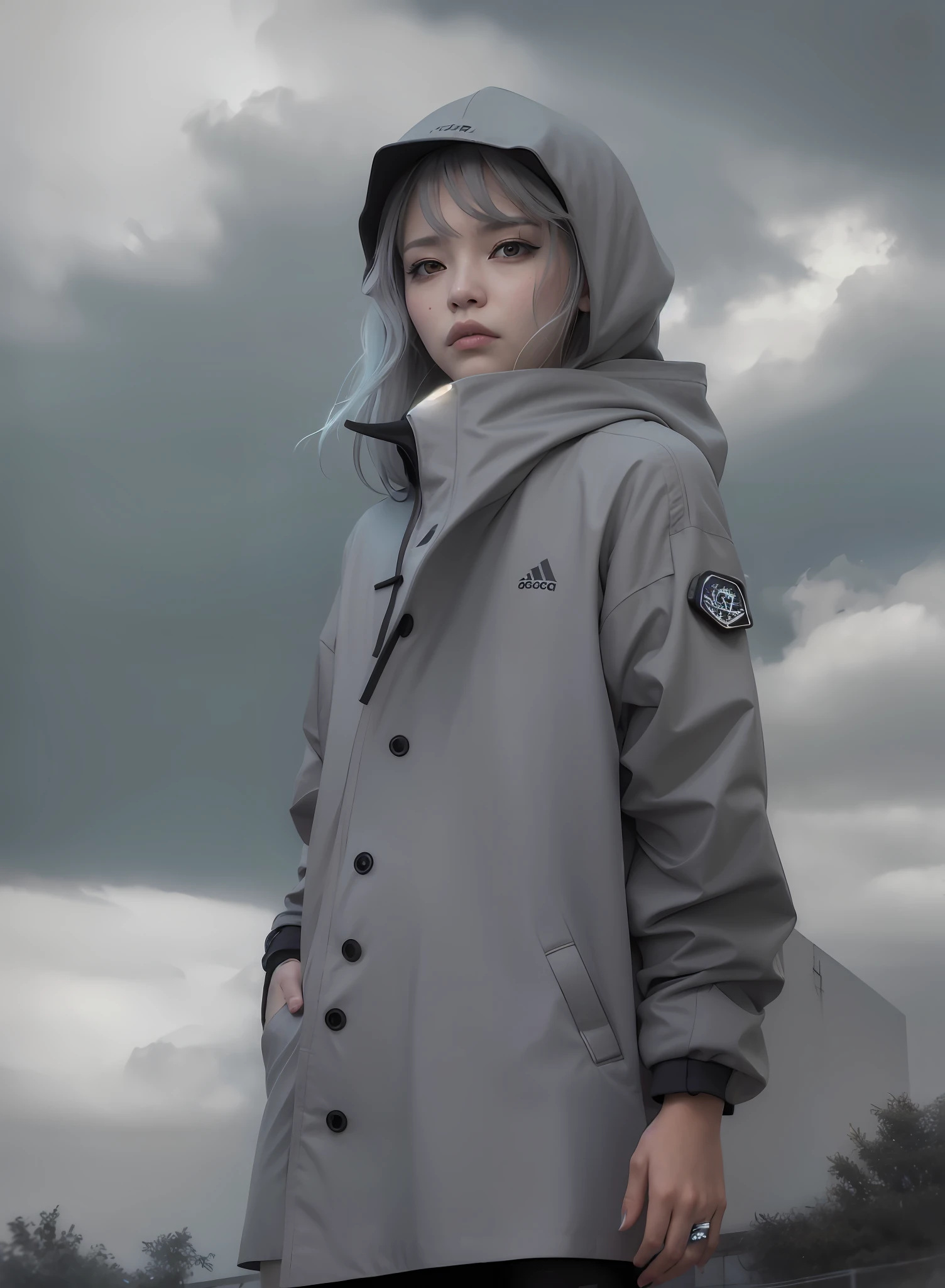 there is a woman in a gray coat standing in the rain, artwork in the style of guweiz, photograph of a techwear woman, muted cyberpunk style, gloomy weather. hyperrealistic, dystopian sci-fi character, guweiz, realism artstyle, cyberpunk anime girl in hoodie, 2 techwear women, 8k portrait render, realistic clothing