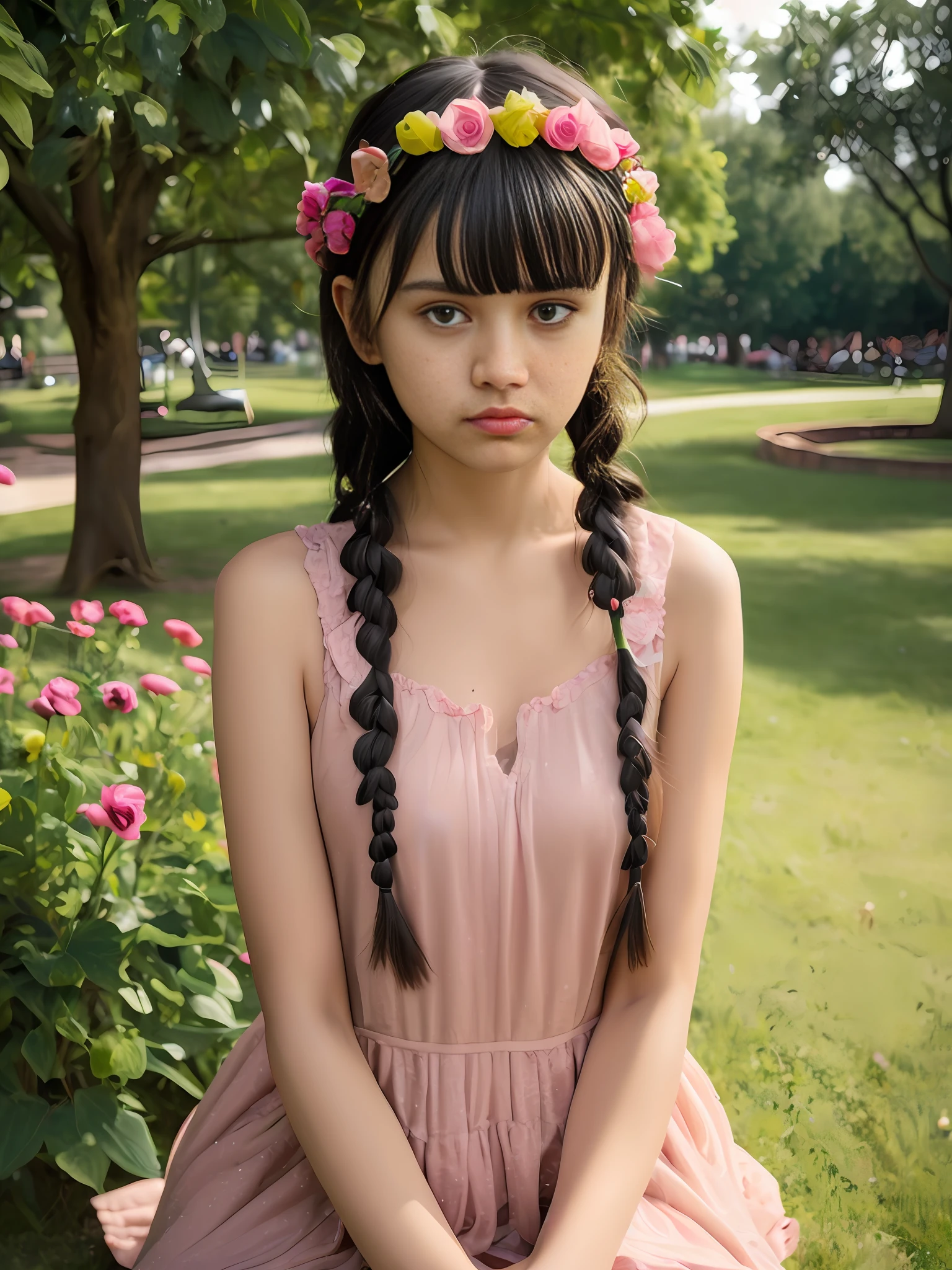 Portrait of an 18 year old cute petit teen, beautiful Indian girl, braided hair, flowers on head, cute and shy, blush, wearing a small dress, full body, bangs,  at the park, ????, ultra realistic, photorealistic, detailed, fair skin, 8K detailed, [unconcerned, ????, ],
