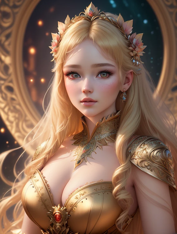((best quality)), ((masterpiece)), (detailed), close-up, person wearing dress, (Behance contest winner:1.2), fantasy art, , 3D goddess portrait, style of wlop, captivating lighting, 8k resolution, striking facial expression, (elaborate costume details:1.3), vibrant colors, powerful presence, (ethereal glow:1.1), blonde hair, beautiful eyes,