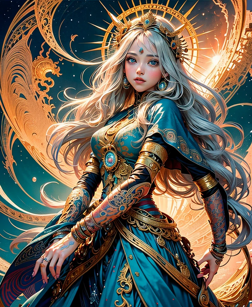 official art, 8k unit wallpaper, ultra detailed, beautiful and aesthetic, high quality, beautiful, masterpiece, best quality (zentangle, mandala, tangled, tangled: 0.6), a young goddess in her 20s, long silver hair, sun goddess,