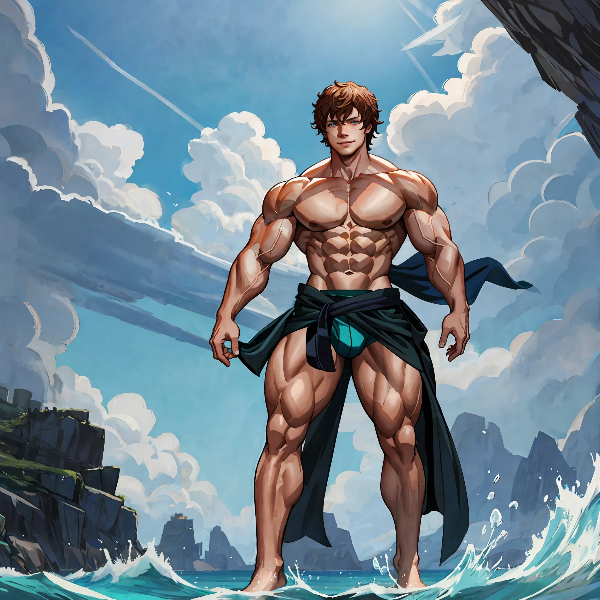 Theon greyjoy as a big muscular bodybuilder with 8 pack abs and big biceps and big pectoral muscles, alfie allen, anime art, pixiv illustration, 8k, hd, high quality, high resolution, by artgerm, anime art, anime, rtx, cool, hunk, shredded, pure muscles, chiseled ripped body, chiseled physique, flexes huge biceps, sexy, erotic, strong, smile, happy, tall, barefoot, looks confident, flexing, stormy sea, chiseled physique, flexes huge biceps, alfie allen, flexing biceps, game of thrones, big bulge, erection, huge, big, well endowed, hung