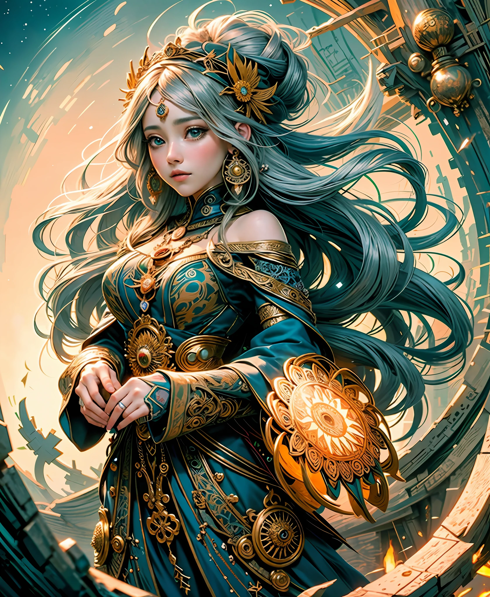 official art, 8k unit wallpaper, ultra detailed, beautiful and aesthetic, high quality, beautiful, masterpiece, best quality (zentangle, mandala, tangled, tangled: 0.6), a young goddess in her 20s, long silver hair, sun goddess,