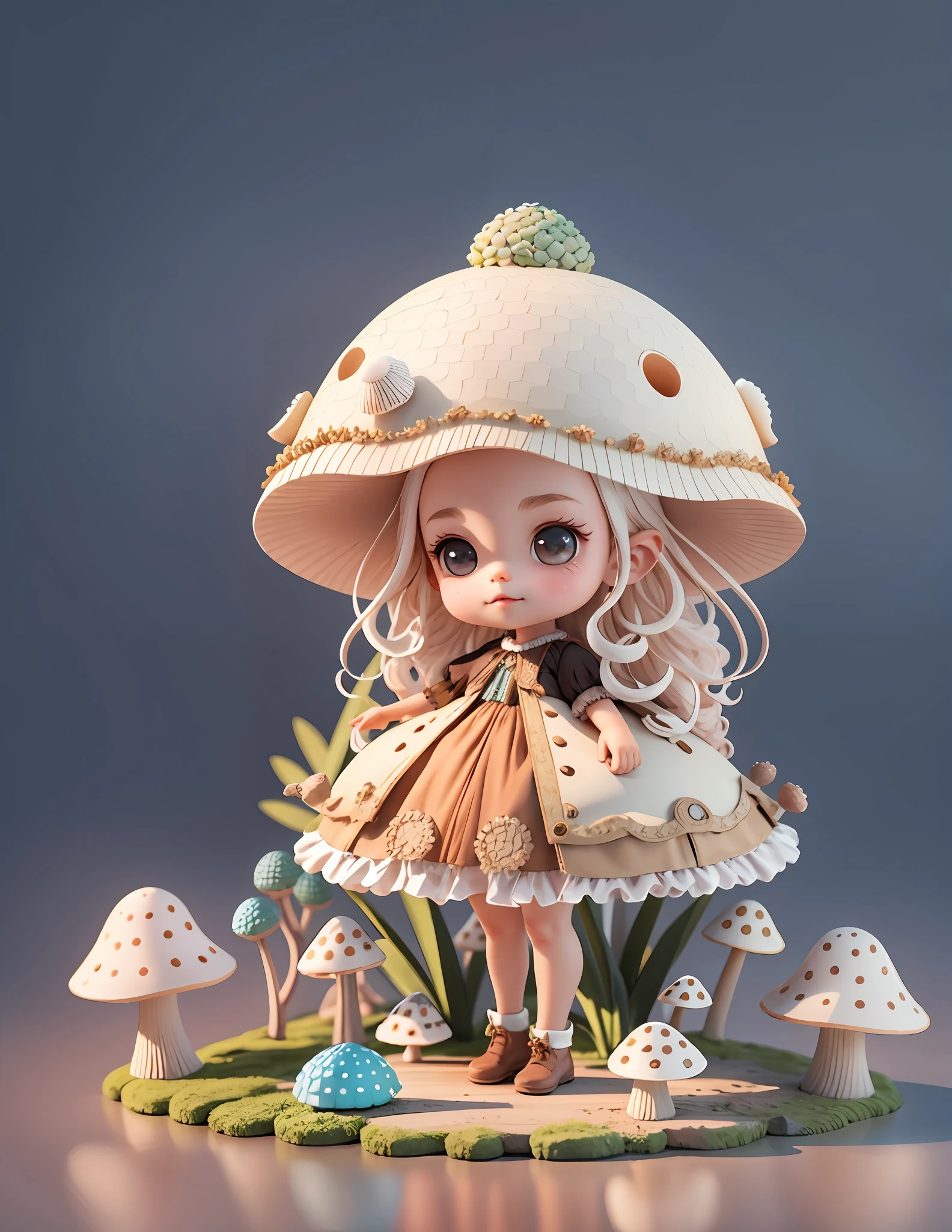 Cute little girl with big watery eyes, full body, delicate shoes, delicate hair, mushroom, small mushroom decoration, long black curly hair, intricate clothes, popmart blind box, clay texture, clean background, natural light, best quality, ultra detail, 3d art, c4d, blender, oc renderer, 3d render, 8k