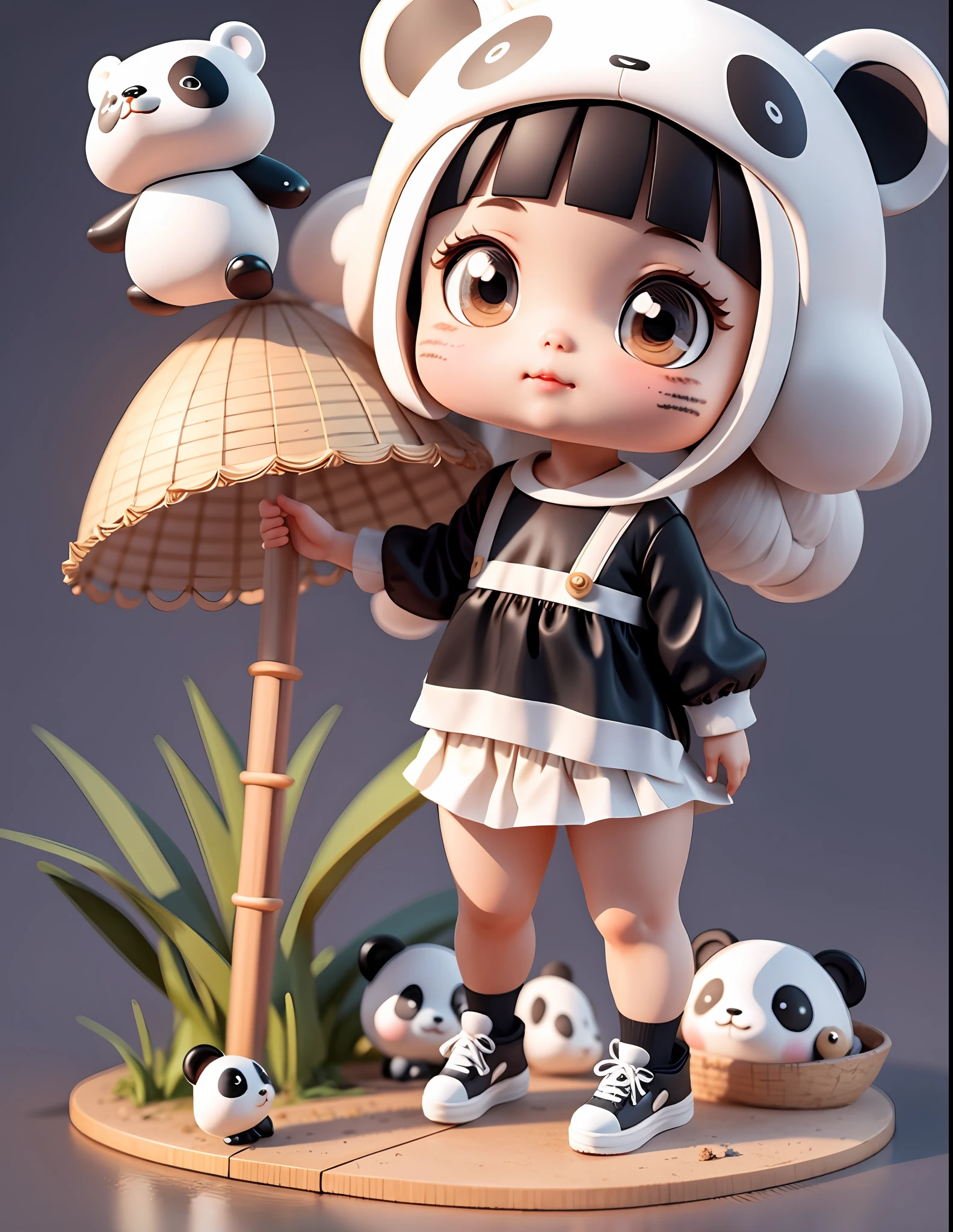 Cute little girl with big watery eyes, full body, delicate shoes, delicate hair, panda, cute black and white clothes, bamboo, small tiger teeth, popmart blind box, clay texture, clean background, natural light, best quality, ultra detail, 3d art, c4d, blender, oc renderer, 3d render, 8k