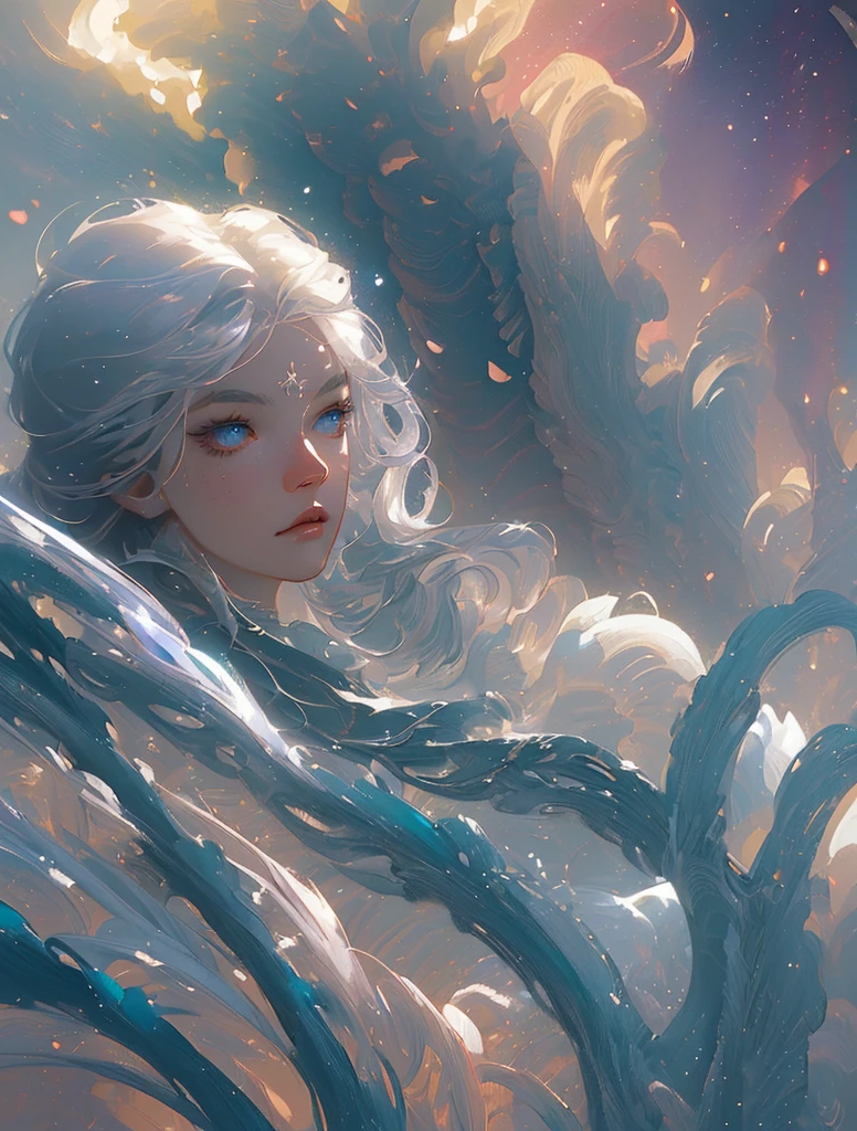 ((best quality)), ((masterpiece)), (detailed), close-up, person wearing dress, fantasy art, style of ross tran and wlop, captivating lighting, 8k resolution, striking facial expression, vibrant colors, powerful presence, (ethereal glow:1.1), beautiful eyes,(dynamic), silver hair, flowing hair, particles, simple background, focus on face