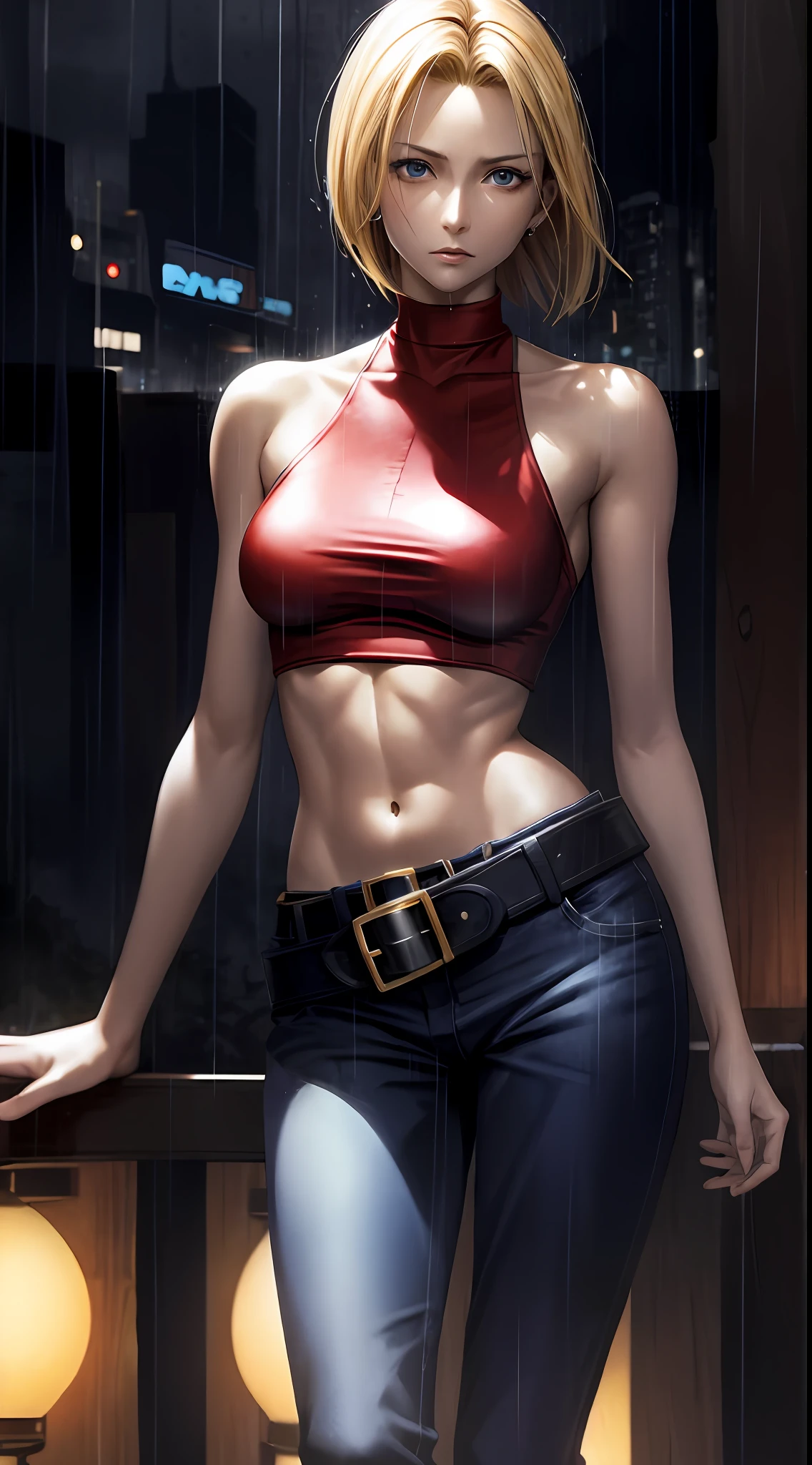 Maryms, Best Quality, (Beauty), Masterpiece, 1 female, Real rendering, Thin waist, Big eyes, Long legs, (Small breasts), Puffy Eyes, Night, (Rain Castle), Brightened Skin, Facing Audience, Determined Expression, Facing the Camera, Red Top, Jeans, Belt, Street Background, Full Body, Small White Shoes